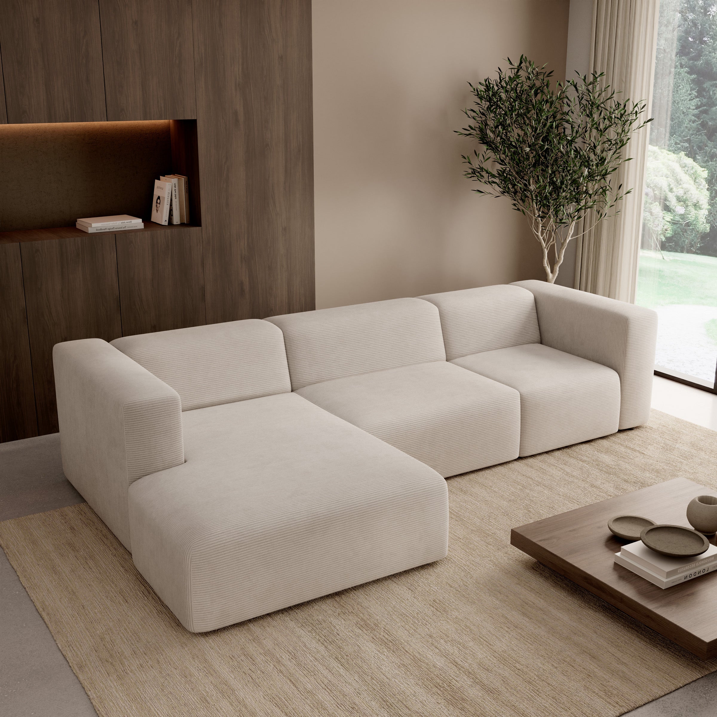 Pruveldo L - Hoekbank 4-zits met chaise longue - Ribstof beige - Links