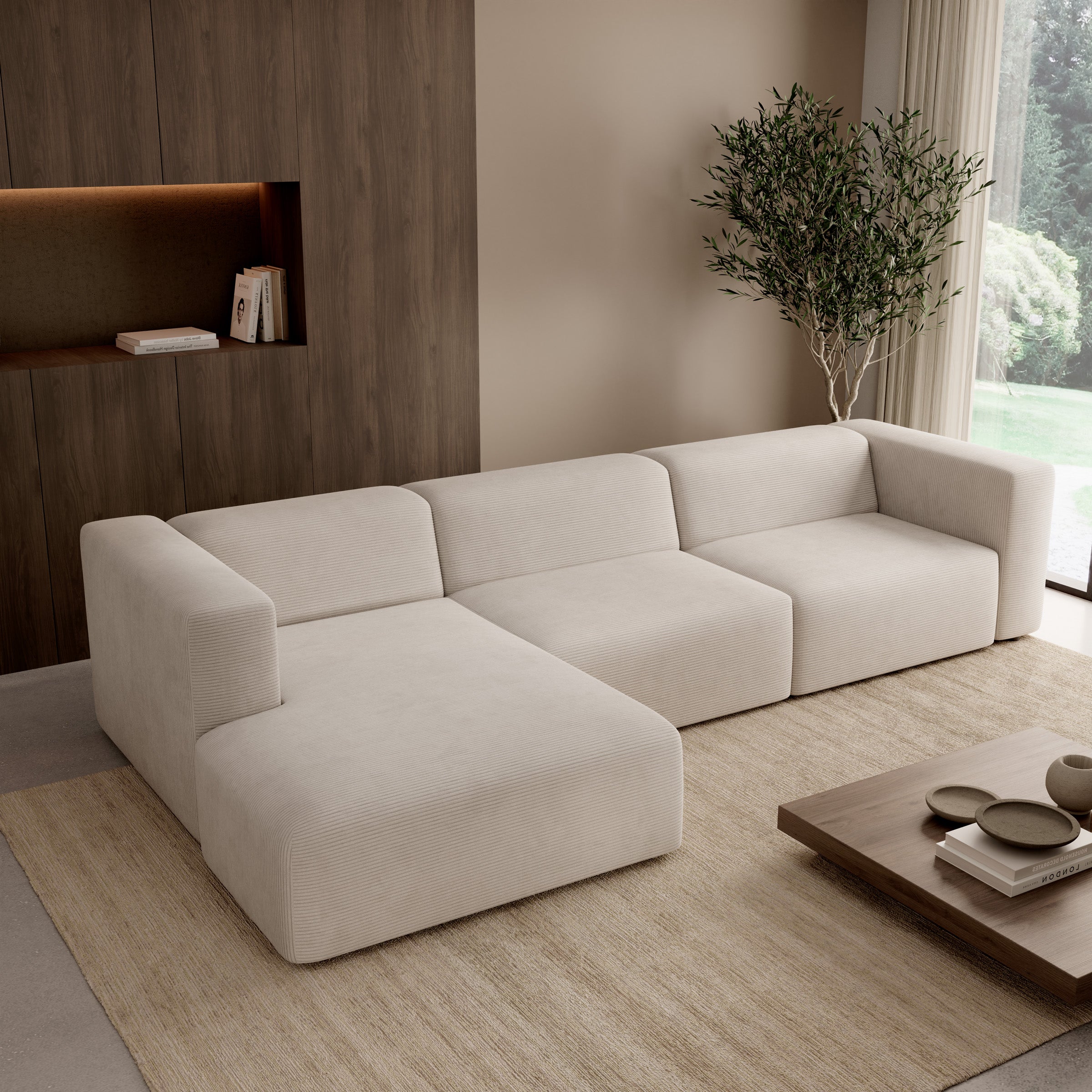 Pruveldo L - Hoekbank 4-zits met chaise longue - Ribstof beige - Links