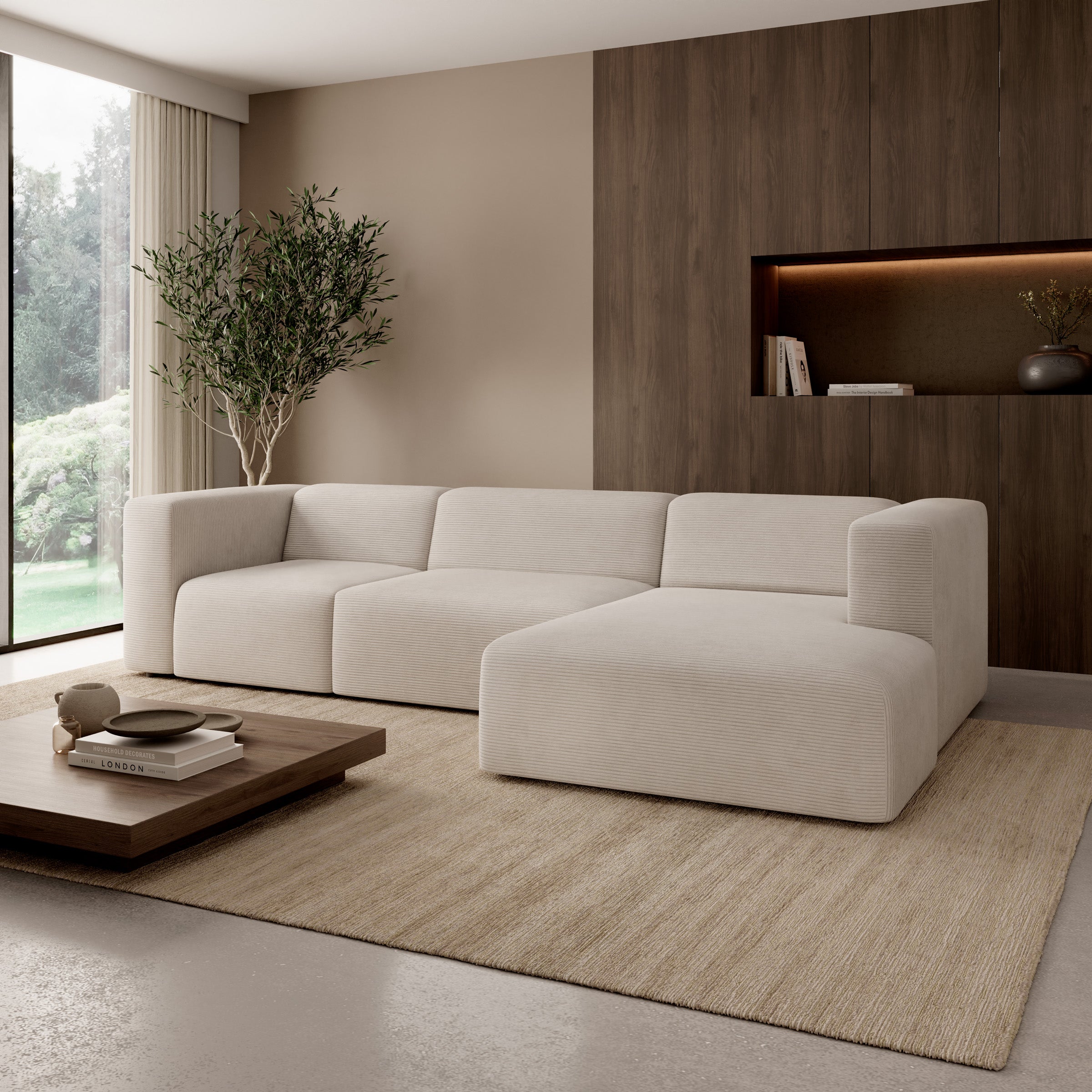 Pruveldo L - Hoekbank 4-zits met chaise longue - Ribstof beige - Rechts