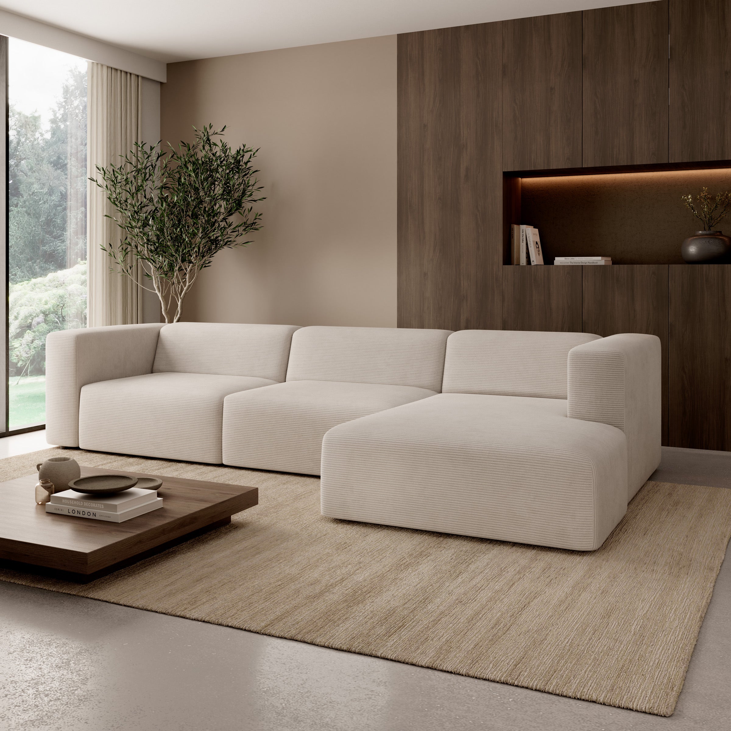 Pruveldo L - Hoekbank 4-zits met chaise longue - Ribstof beige - Rechts