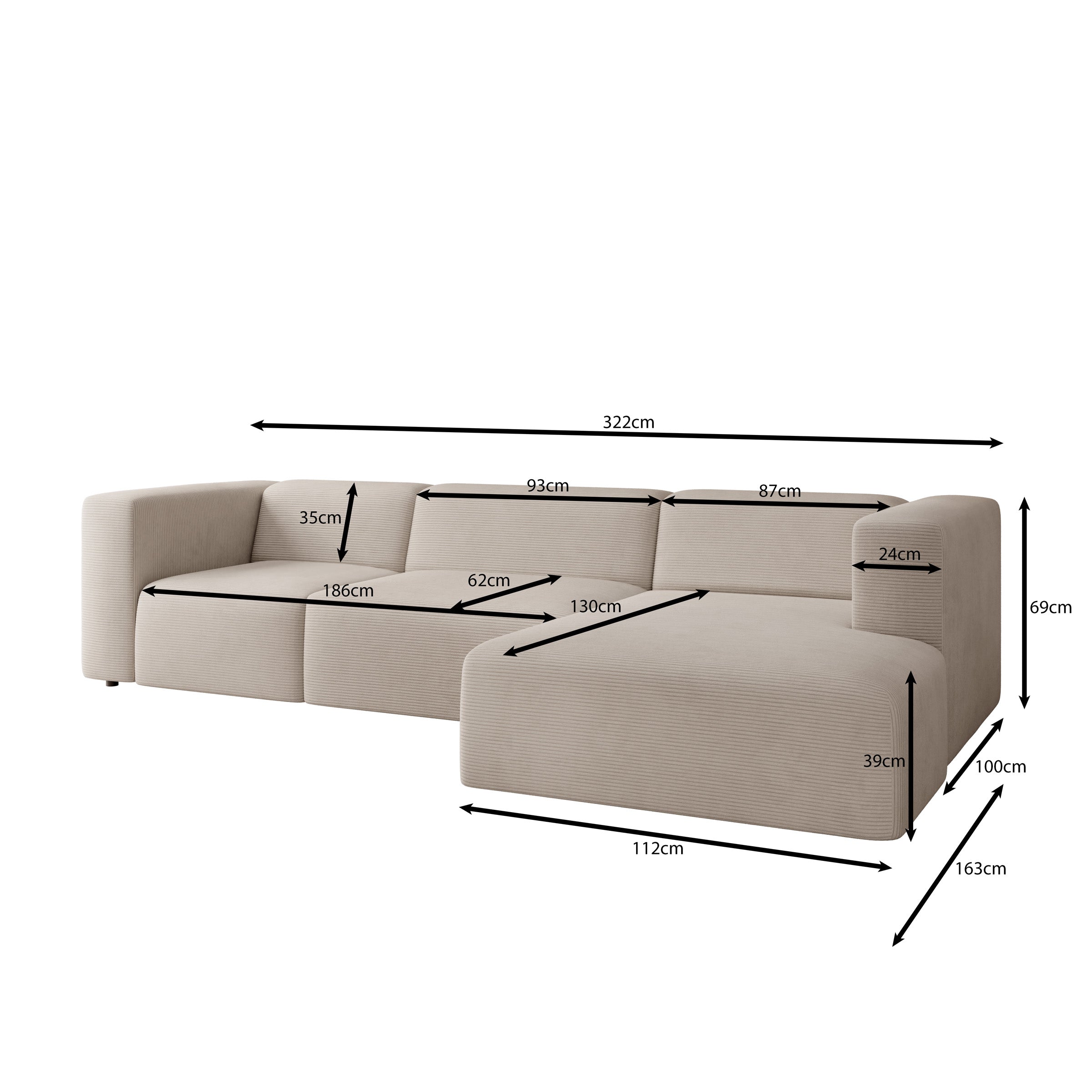 Pruveldo L - Hoekbank 4-zits met chaise longue - Ribstof beige - Rechts