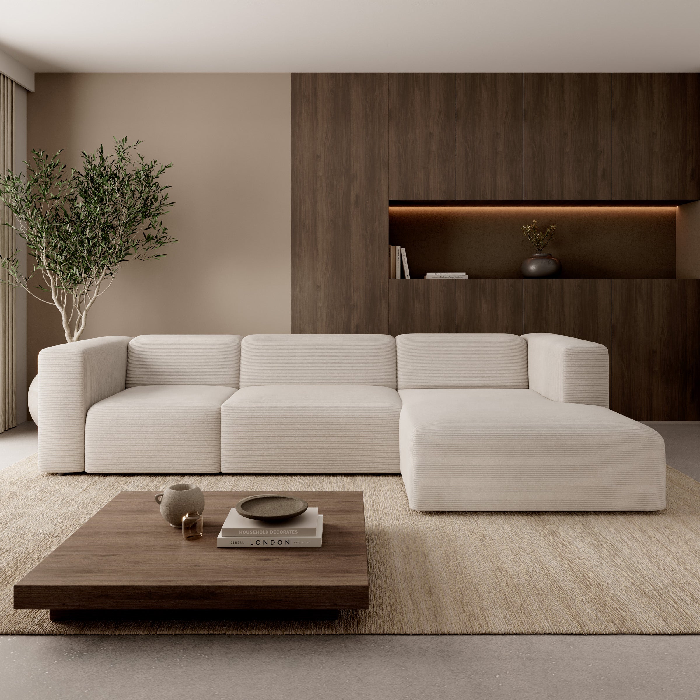 Pruveldo L - Hoekbank 4-zits met chaise longue - Ribstof beige - Rechts
