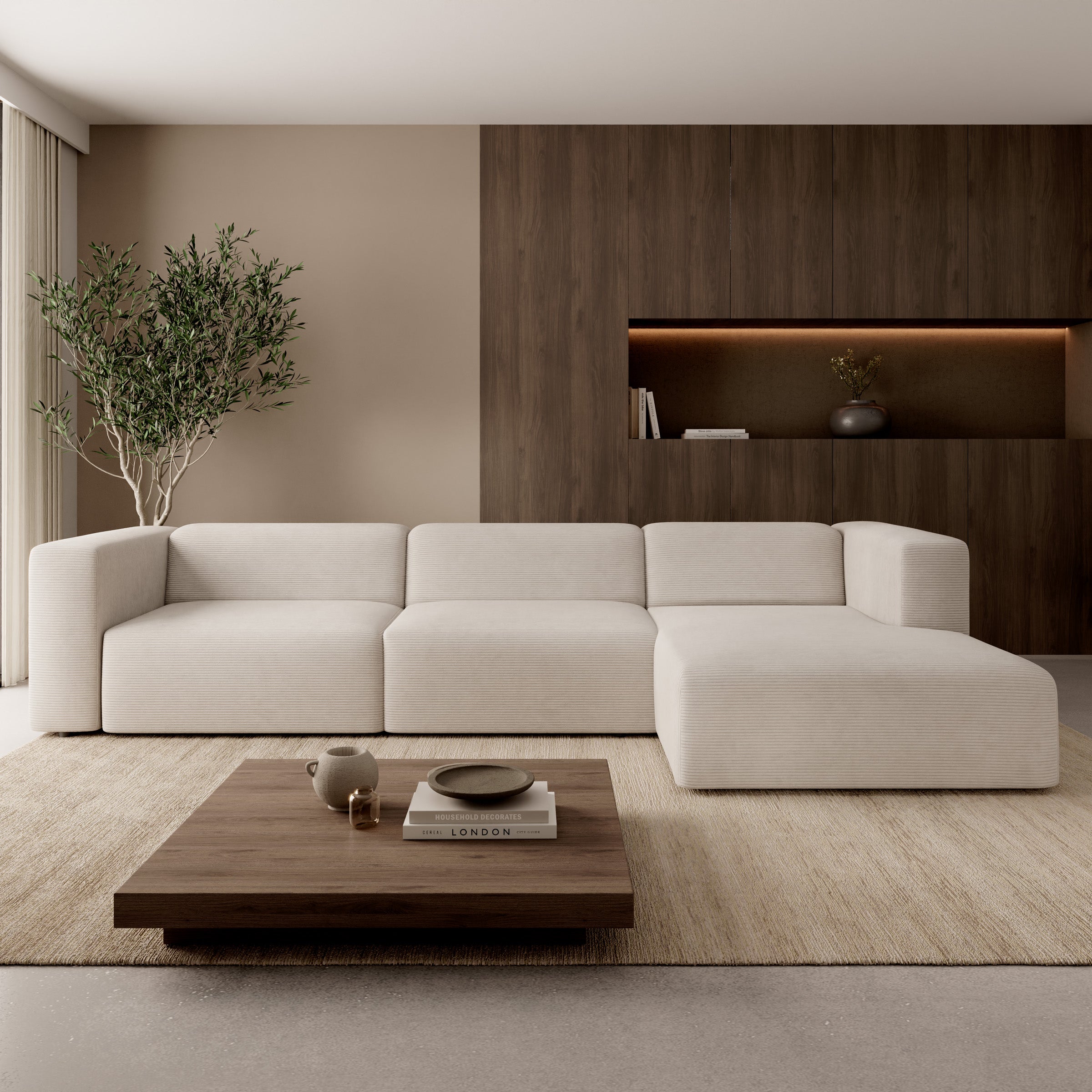 Pruveldo L - Hoekbank 4-zits met chaise longue - Ribstof beige - Rechts