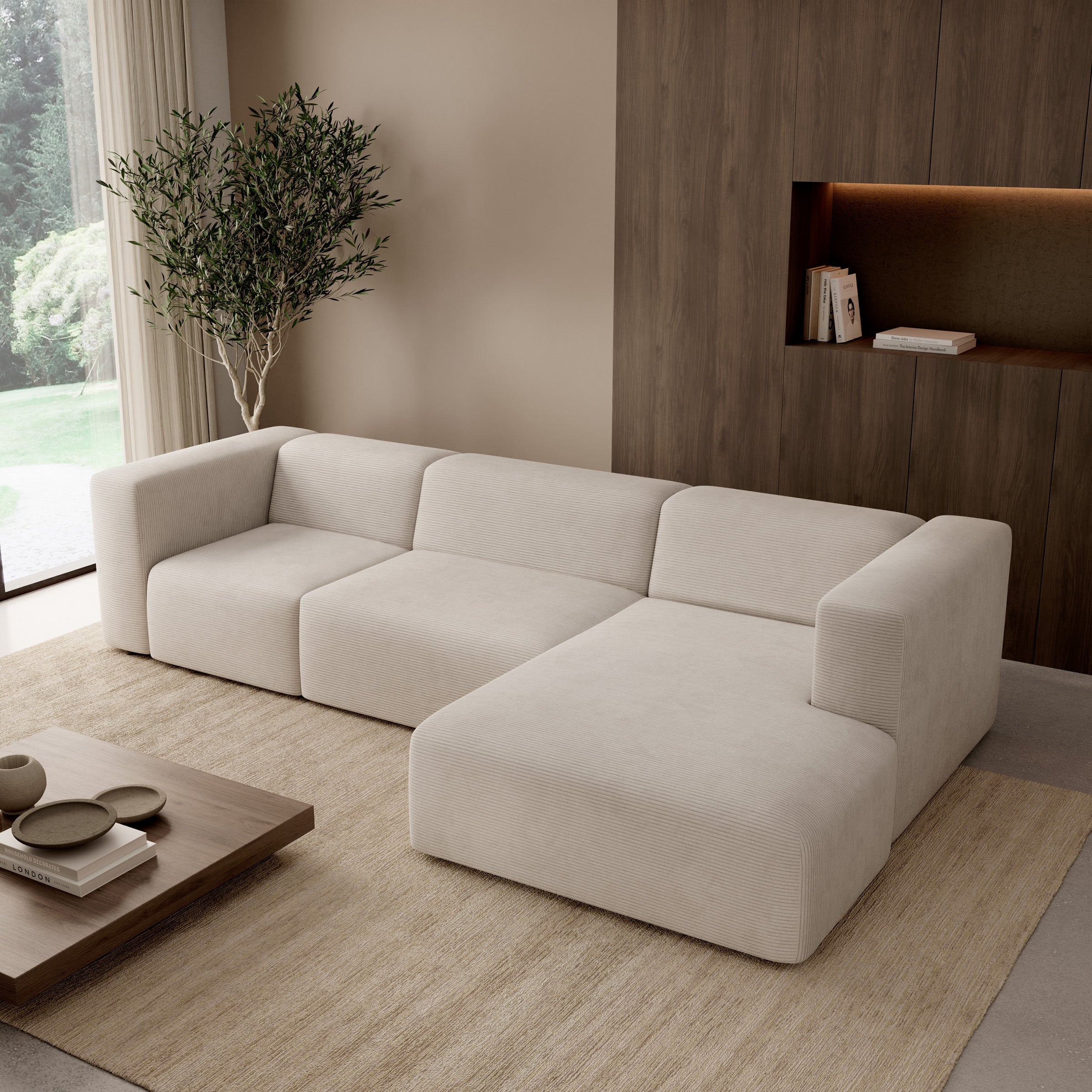 Pruveldo L - Hoekbank 4-zits met chaise longue - Ribstof beige - Rechts
