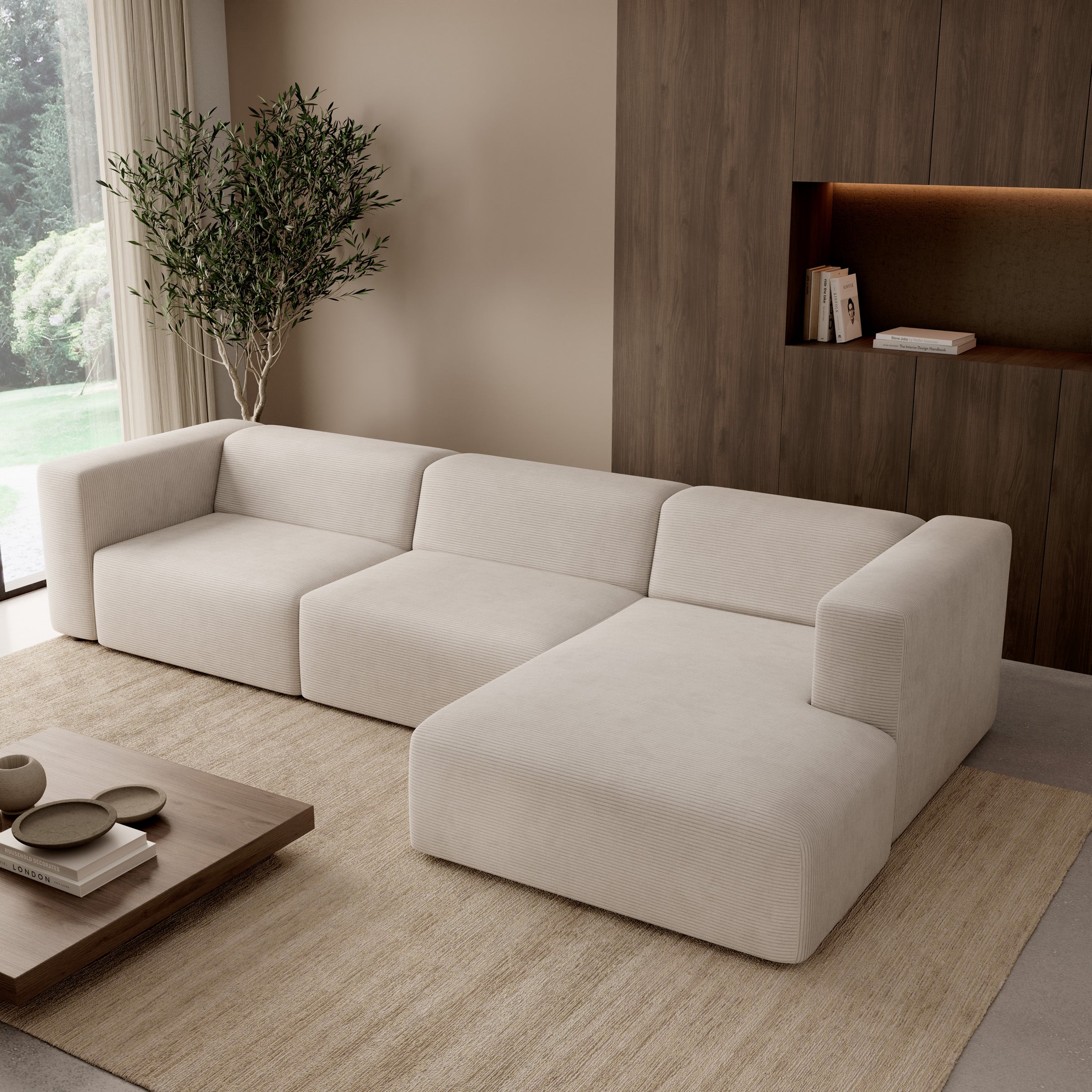 Pruveldo L - Hoekbank 4-zits met chaise longue - Ribstof beige - Rechts