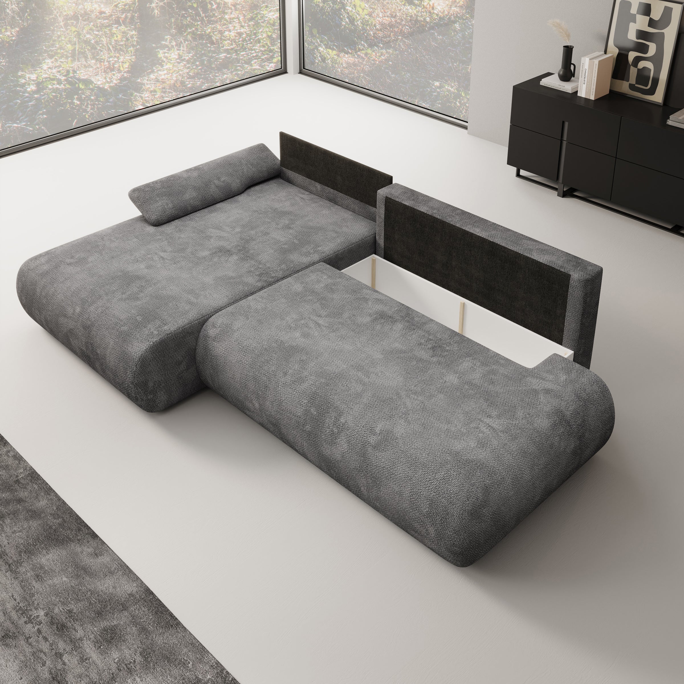 Pucet - Hoekbank 3-zits met chaise longue - Stof donkergrijs - Links - 286x174x74 cm