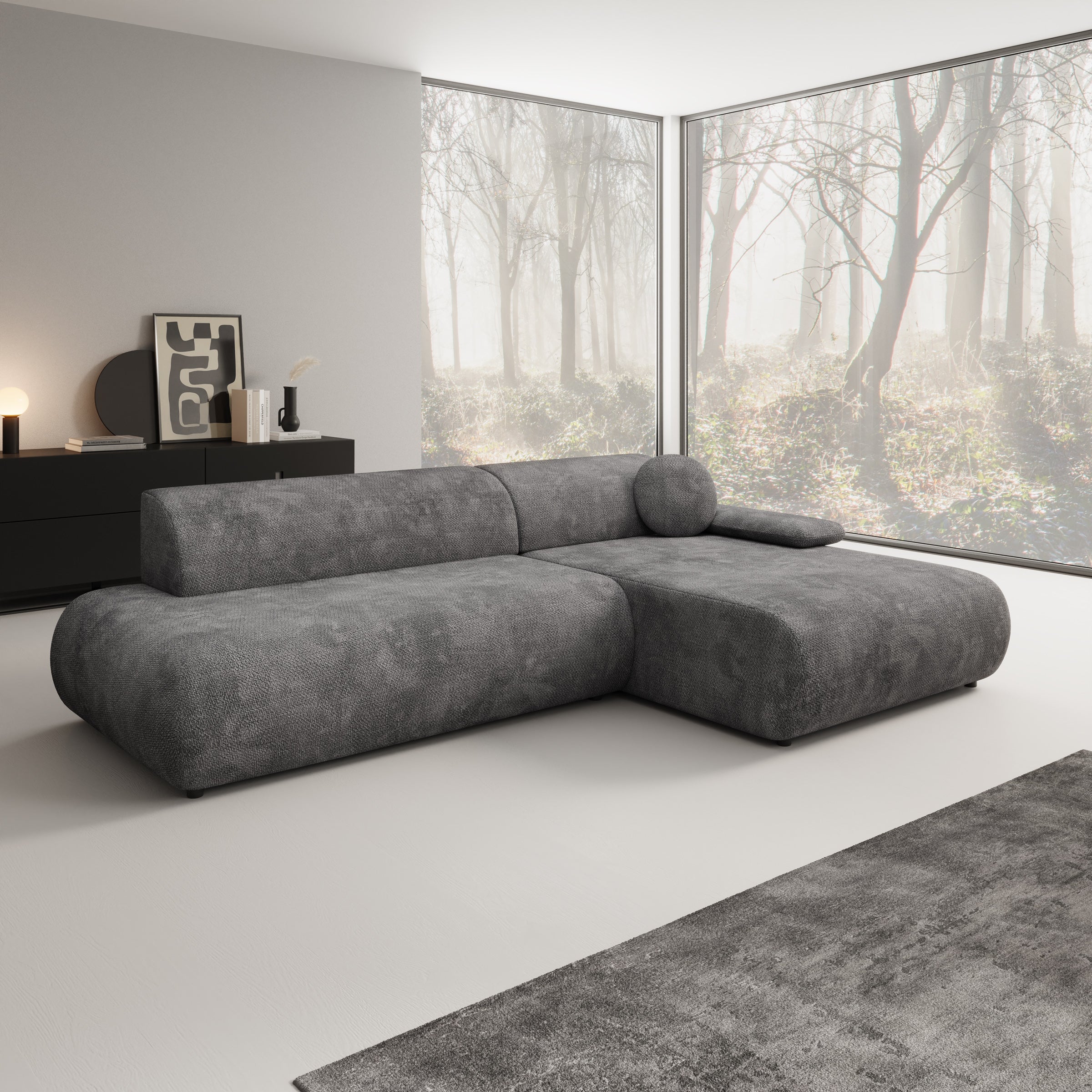 Pucet - Hoekbank 3-zits met chaise longue - Stof donkergrijs - Rechts - 286x174x74 cm