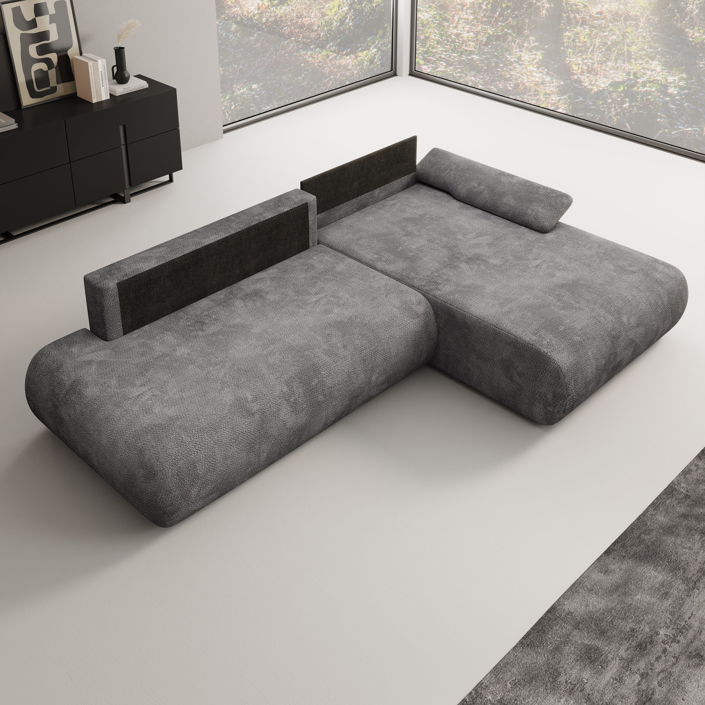 Pucet - Hoekbank 3-zits met chaise longue - Stof donkergrijs - Rechts - 286x174x74 cm