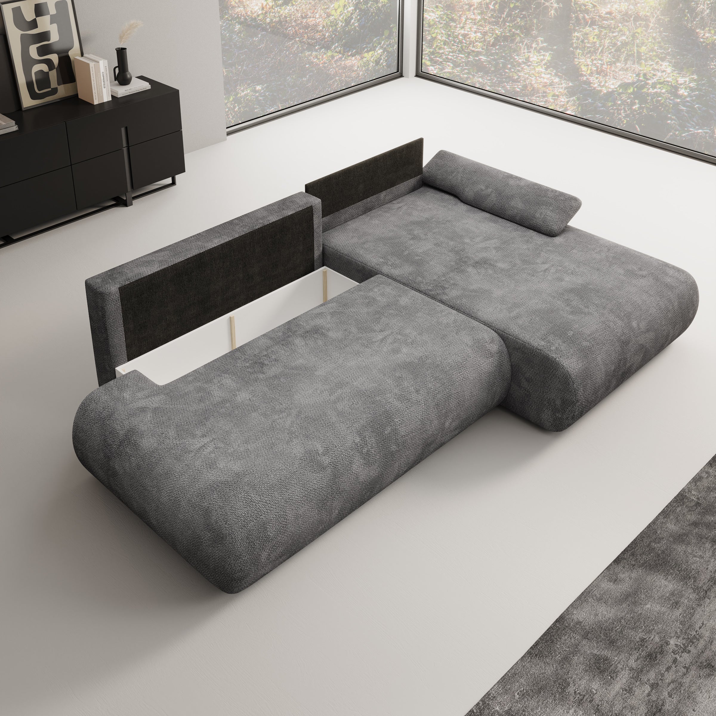 Pucet - Hoekbank 3-zits met chaise longue - Stof donkergrijs - Rechts - 286x174x74 cm