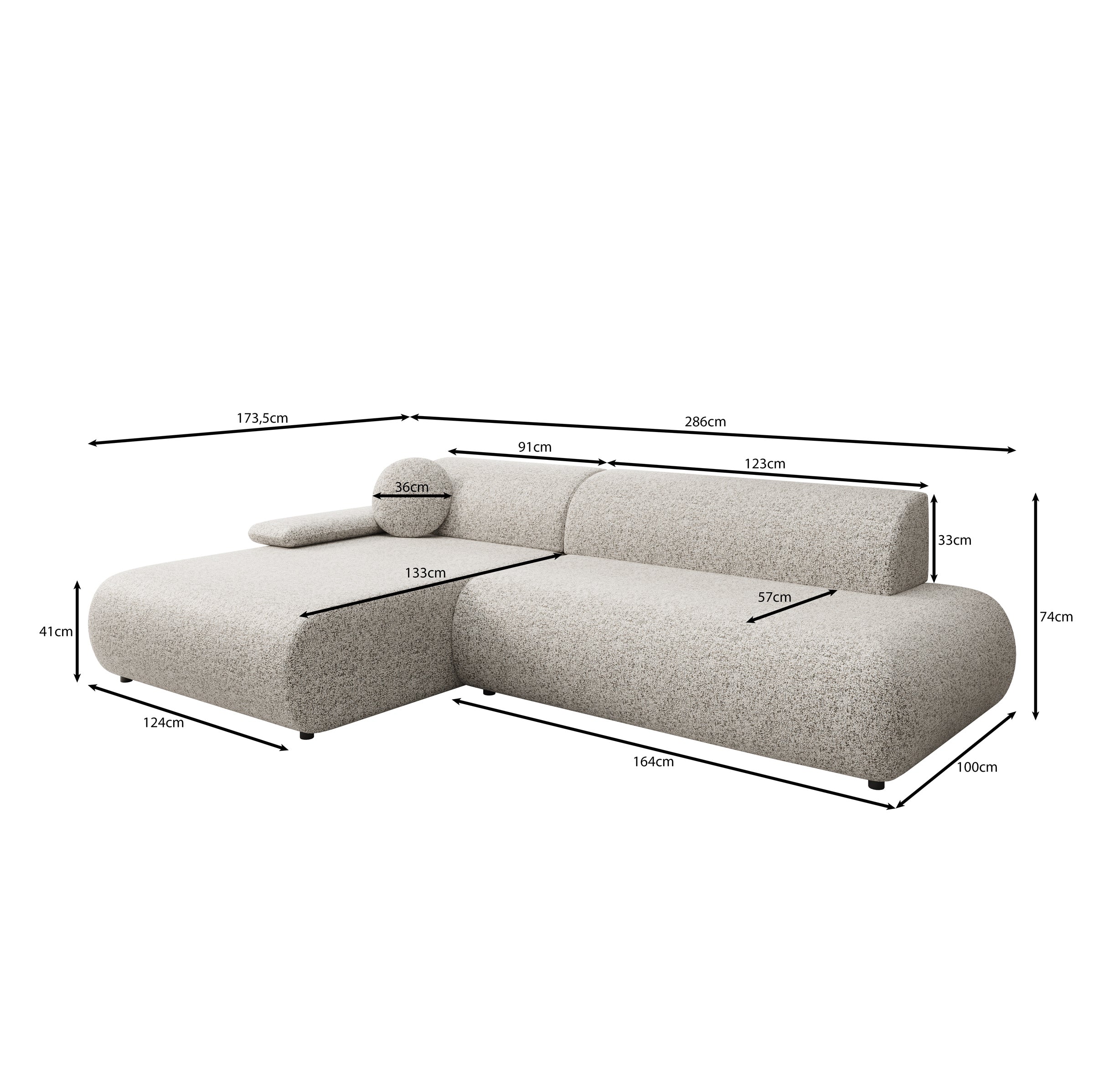 Pucet - Hoekbank 3-zits met chaise longue - Stof grijs - Links - 286x174x74 cm
