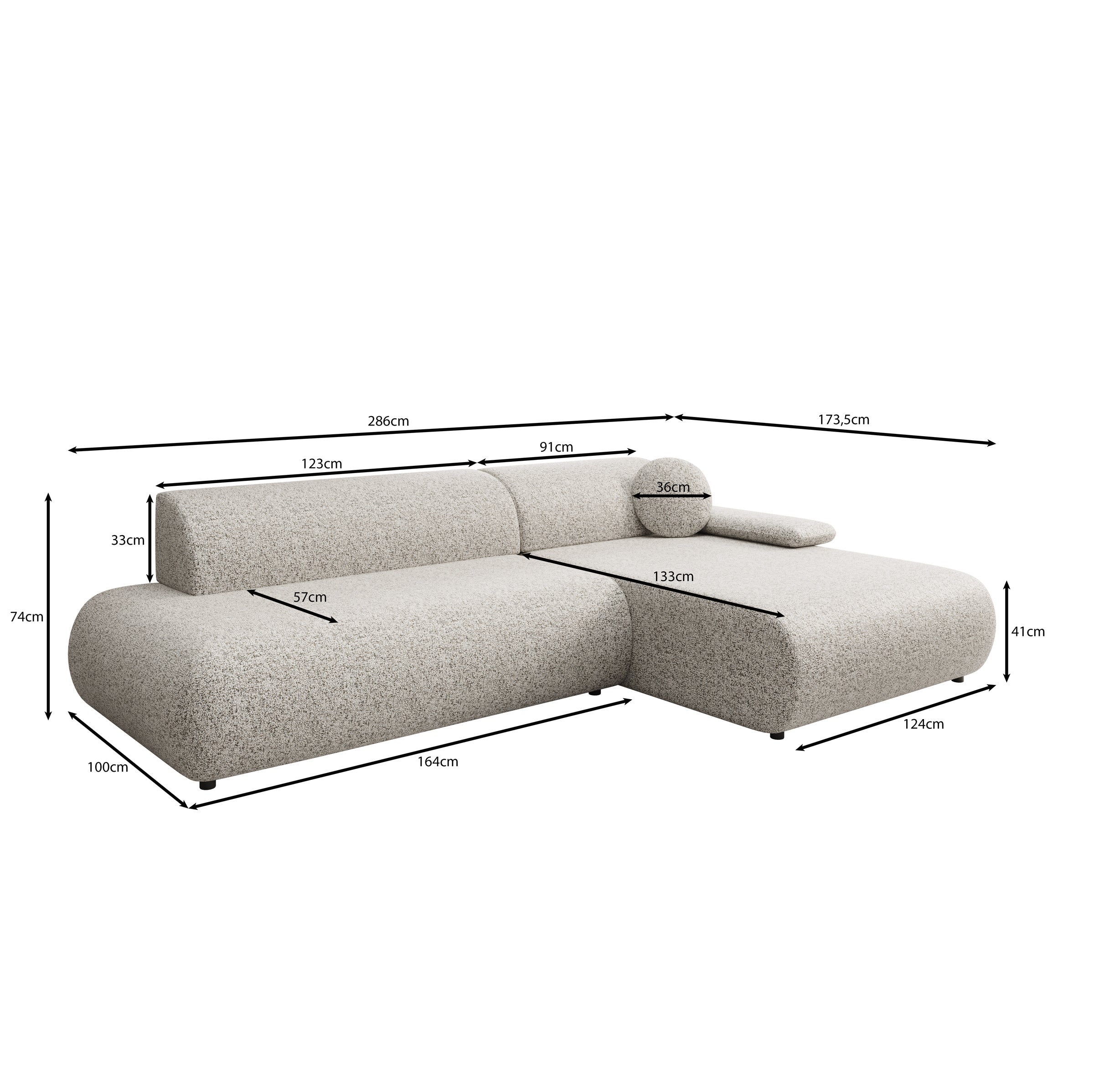 Pucet - Hoekbank 3-zits met chaise longue - Stof grijs - Rechts - 286x174x74 cm