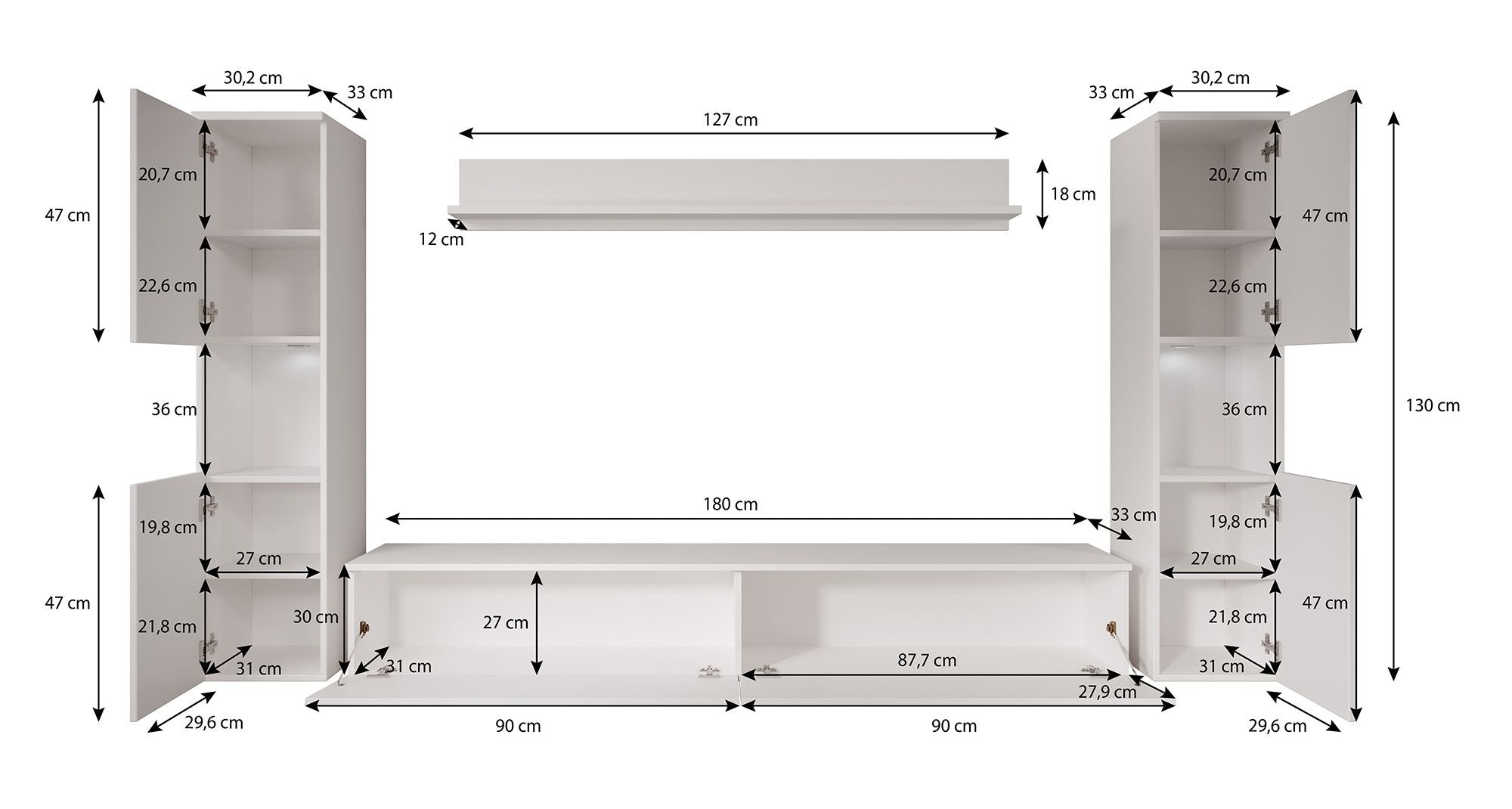Pure XL - Wandmeubel - Beige - 180x33x130 cm