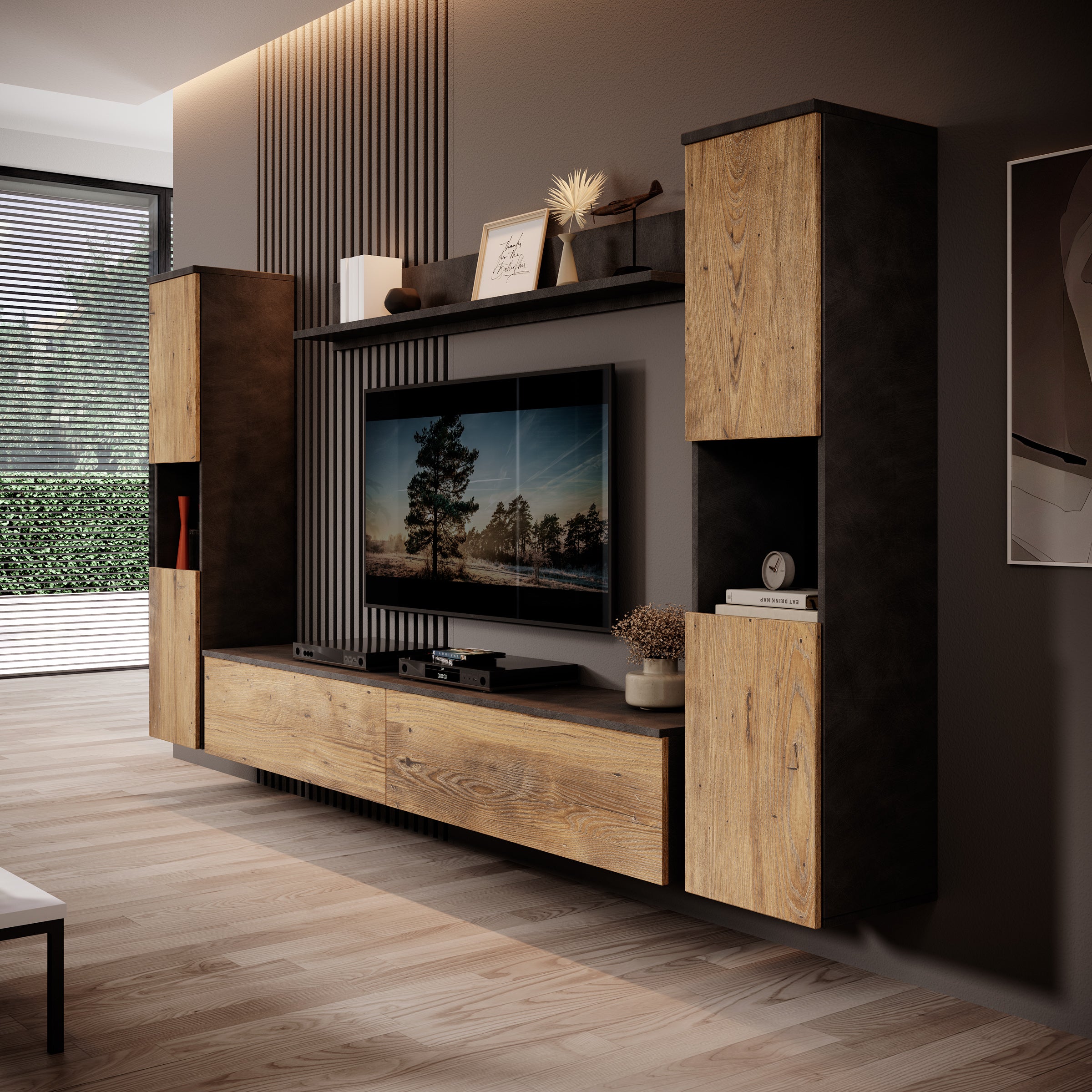 Pure XL - Wandmeubel - Eiken/Grijs - 180x33x130 cm