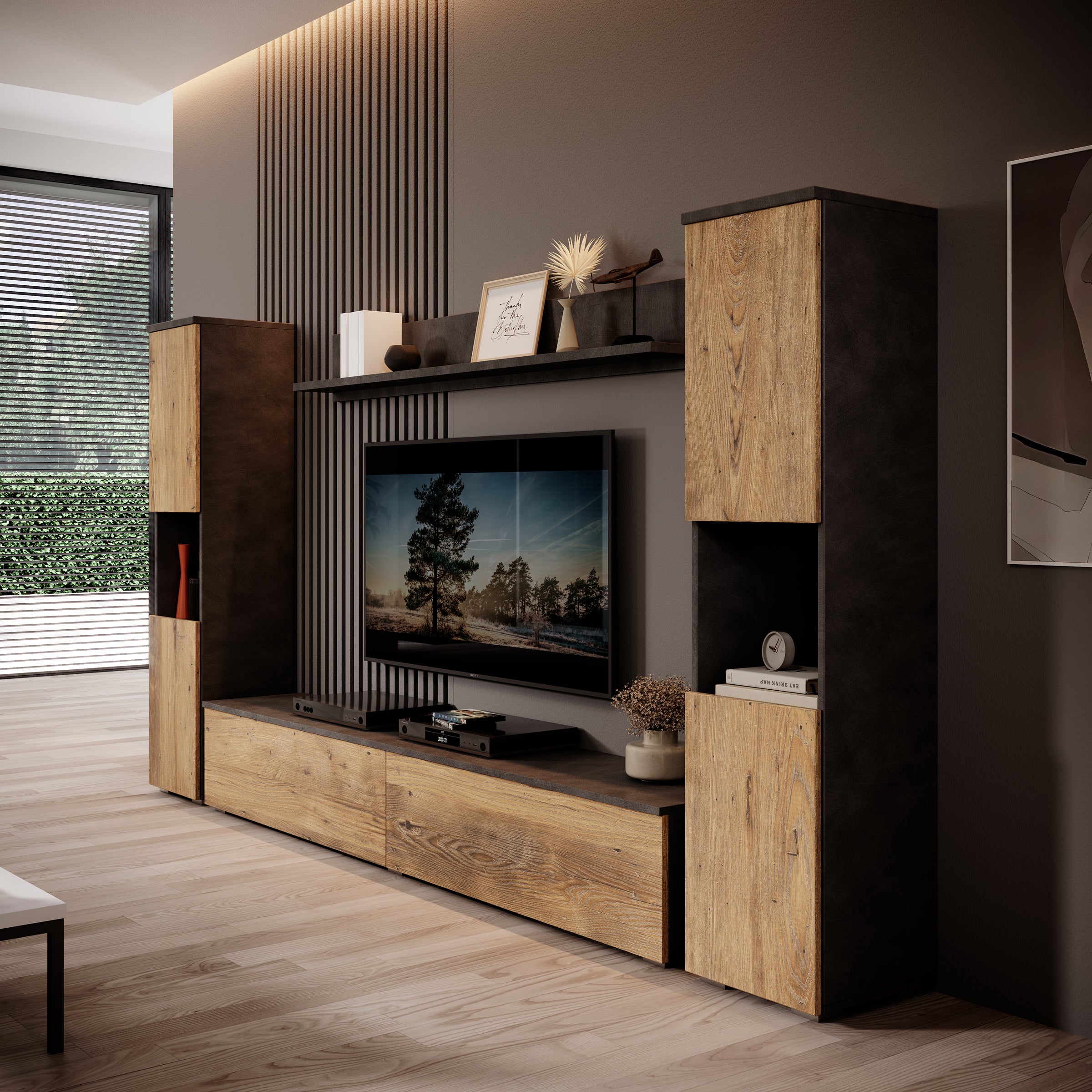 Pure XL - Wandmeubel - Eiken/Grijs - 180x33x130 cm