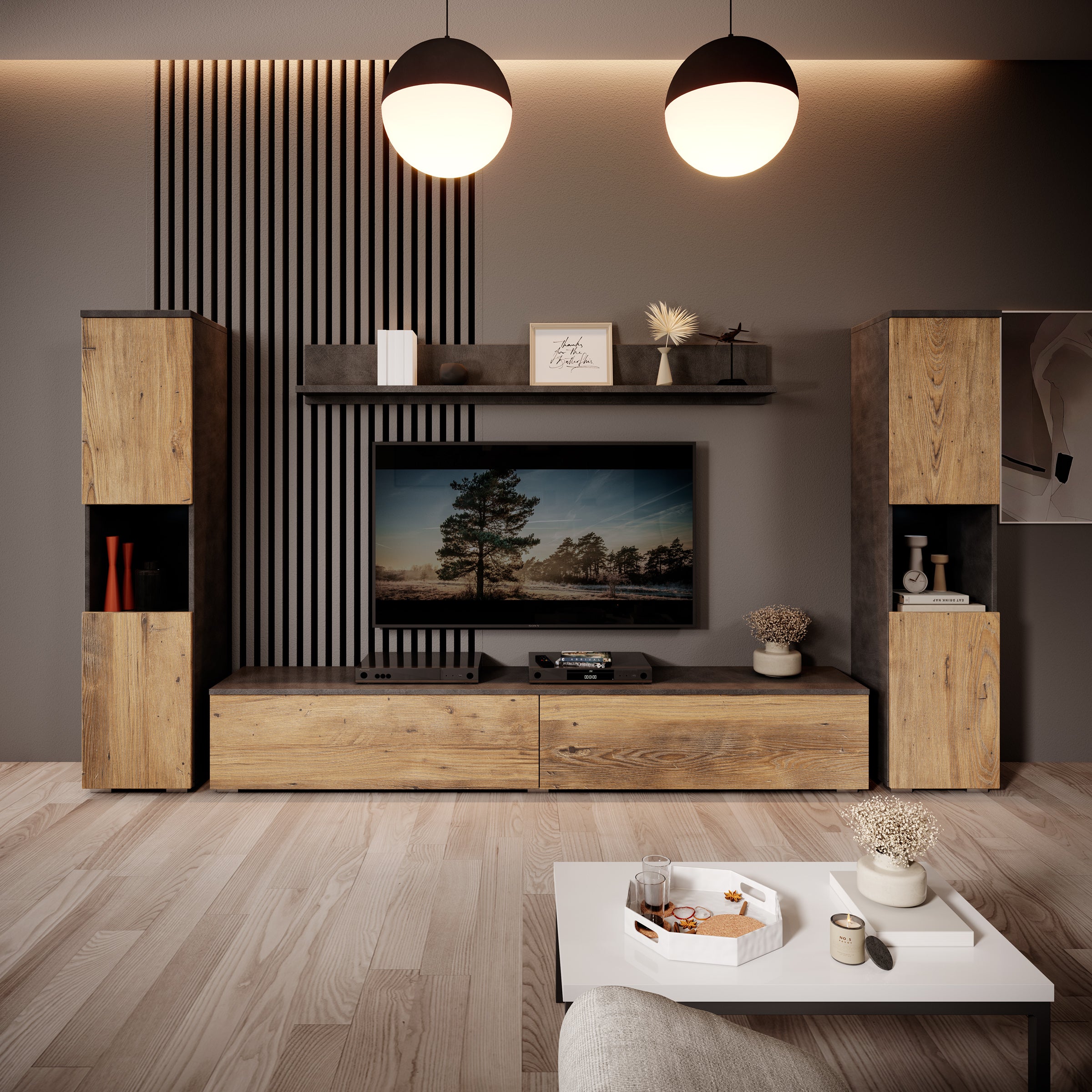 Pure XL - Wandmeubel - Eiken/Grijs - 180x33x130 cm