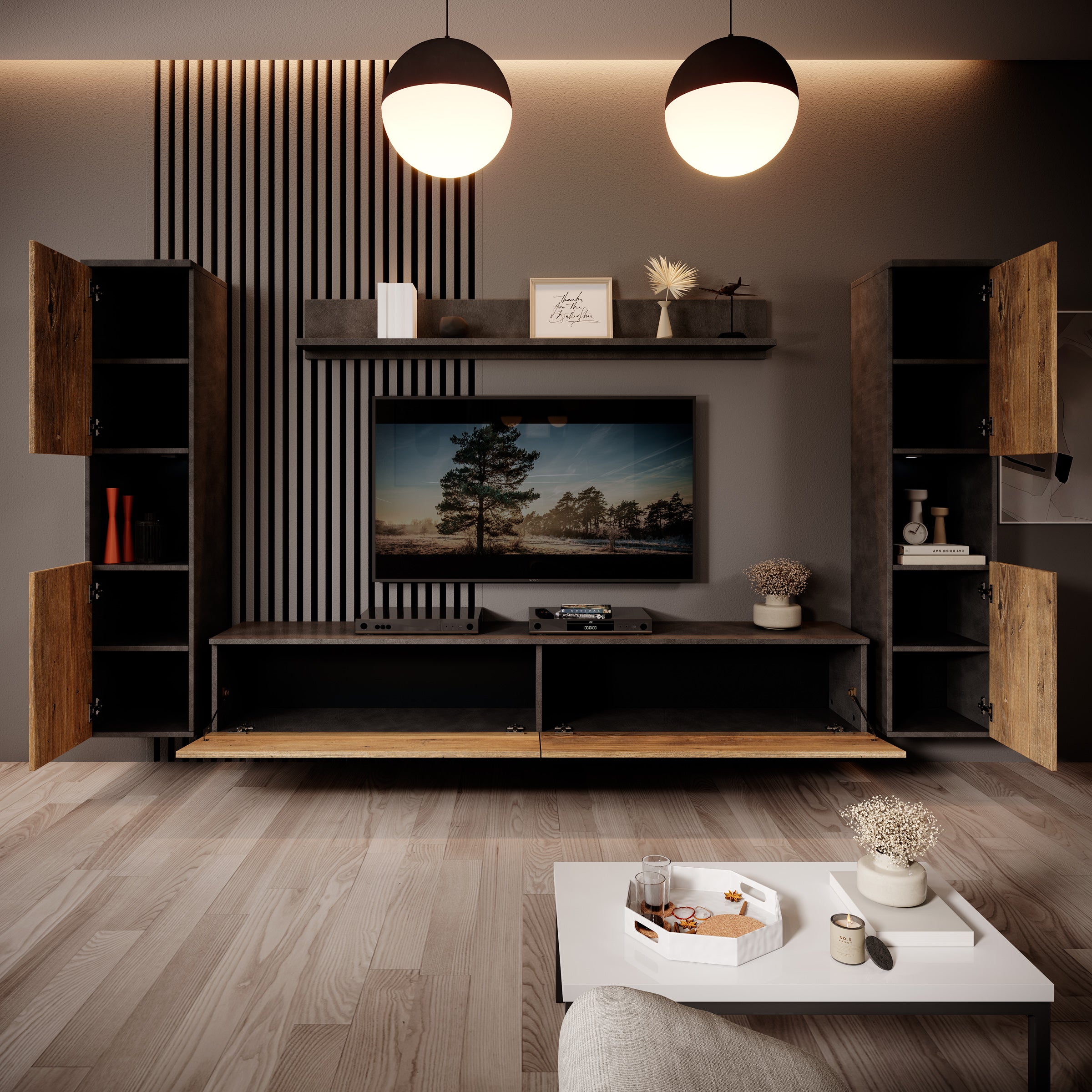 Pure XL - Wandmeubel - Eiken/Grijs - 180x33x130 cm