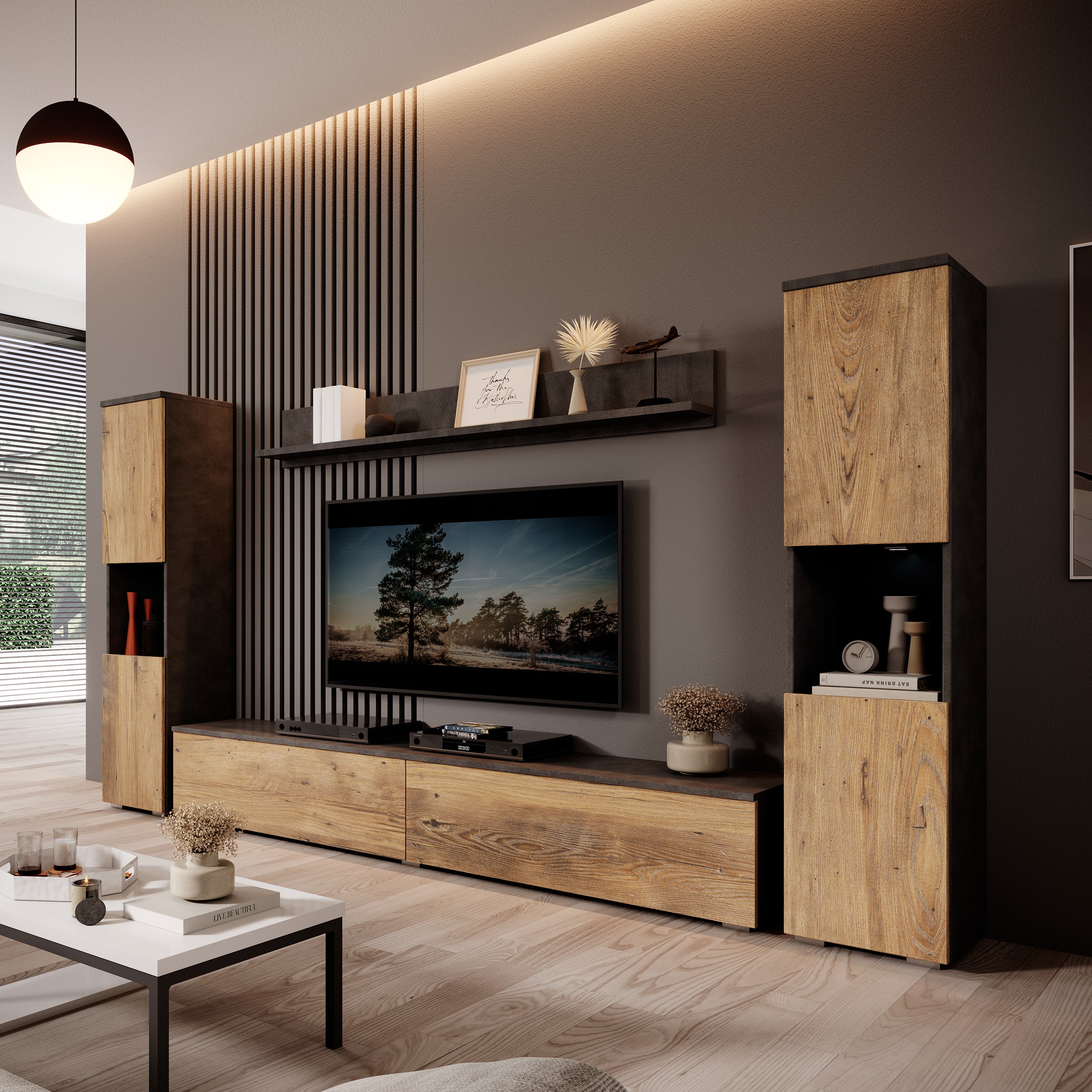 Pure XL - Wandmeubel - Eiken/Grijs - 180x33x130 cm