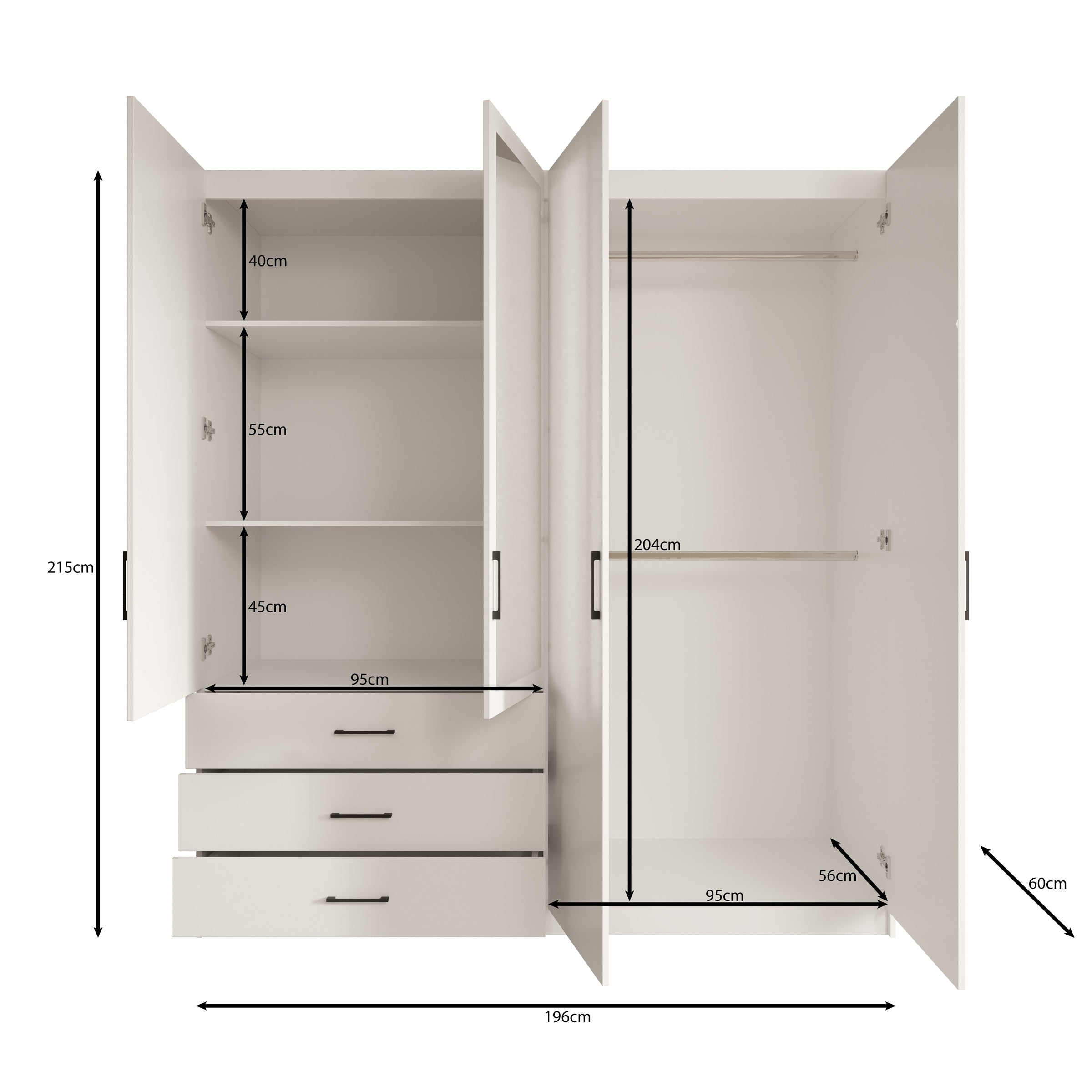 Puro - Kledingkast met 4 deuren - Wit - 196x60x215 cm