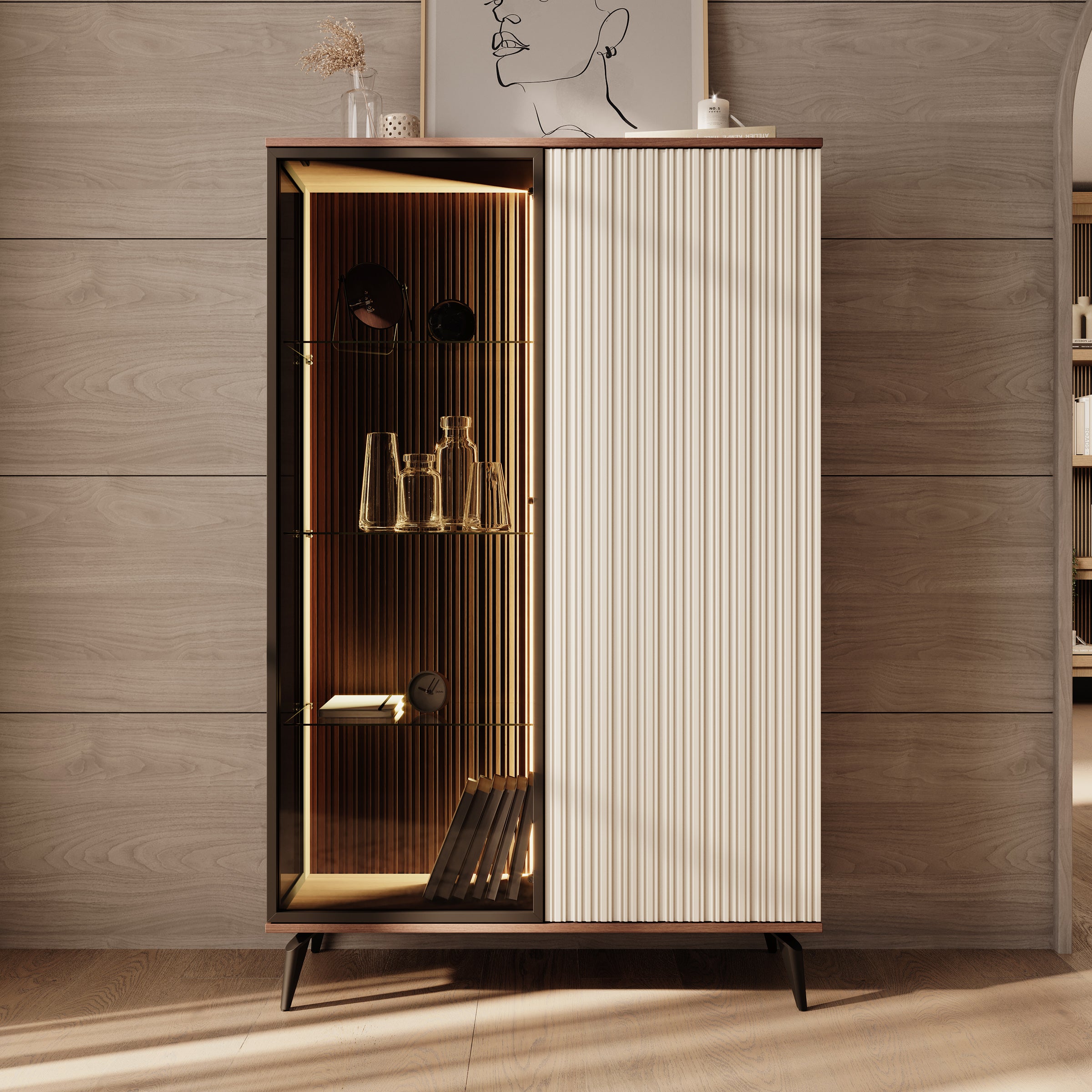 Riverhead - Vitrinekast - Beige/Eiken - 103x39x162 cm