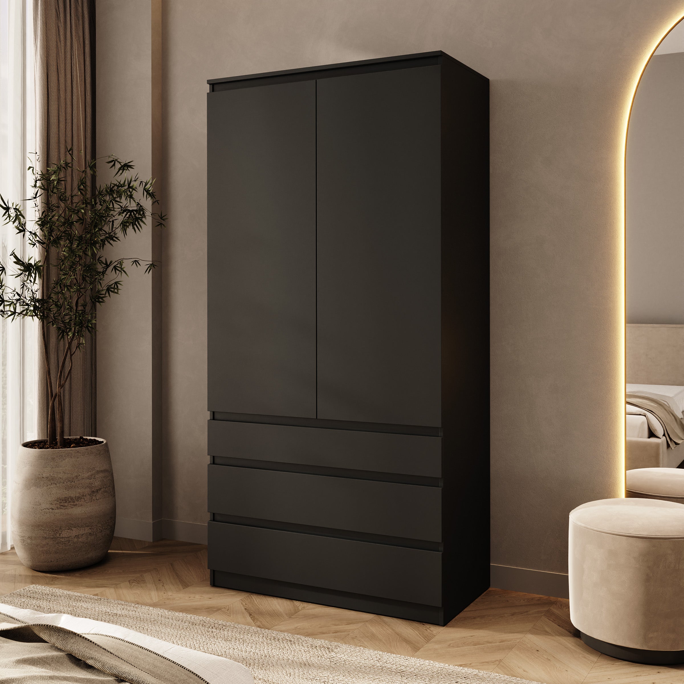 Rodger - Kledingkast 2-deurs - Zwart - 100x52x202 cm