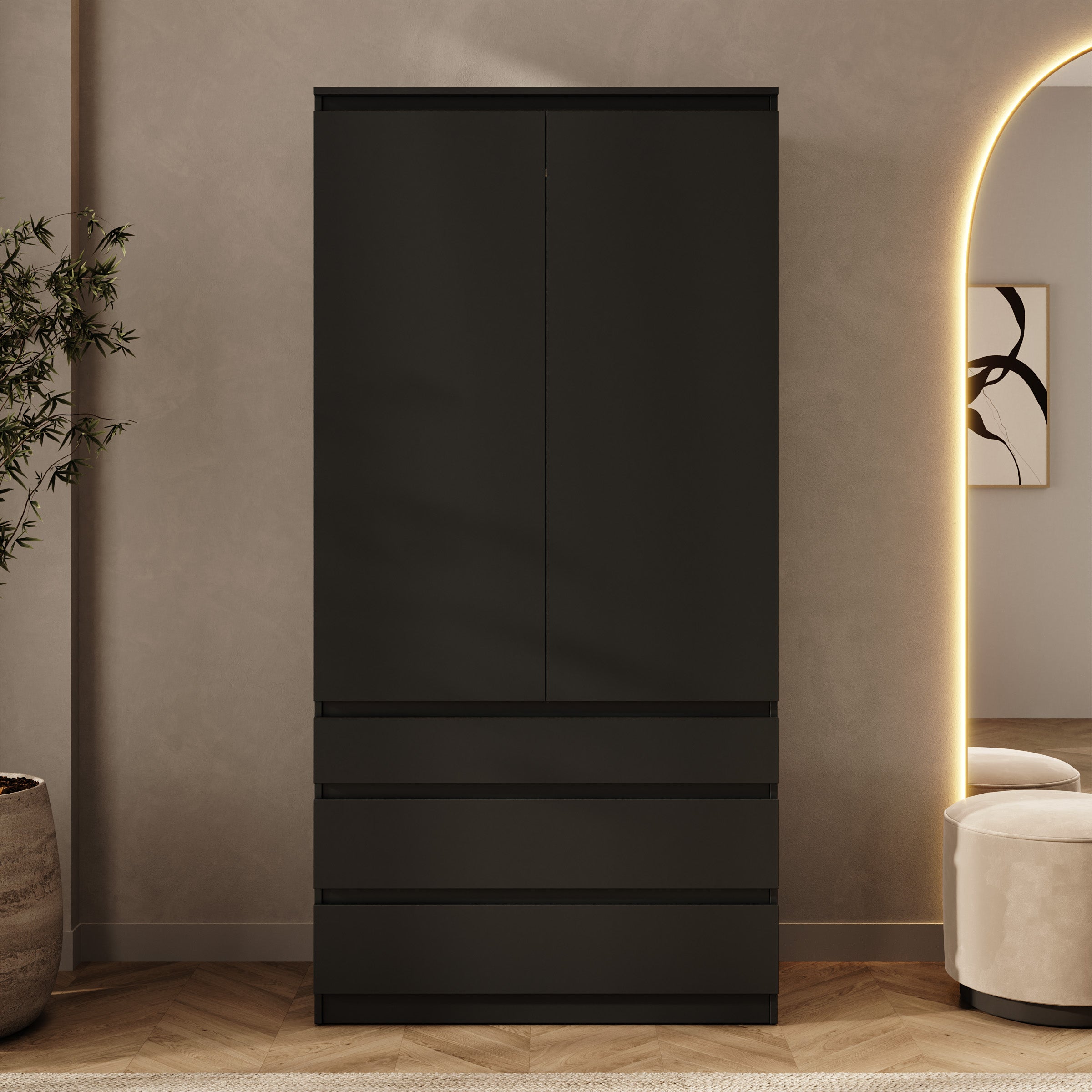 Rodger - Kledingkast 2-deurs - Zwart - 100x52x202 cm