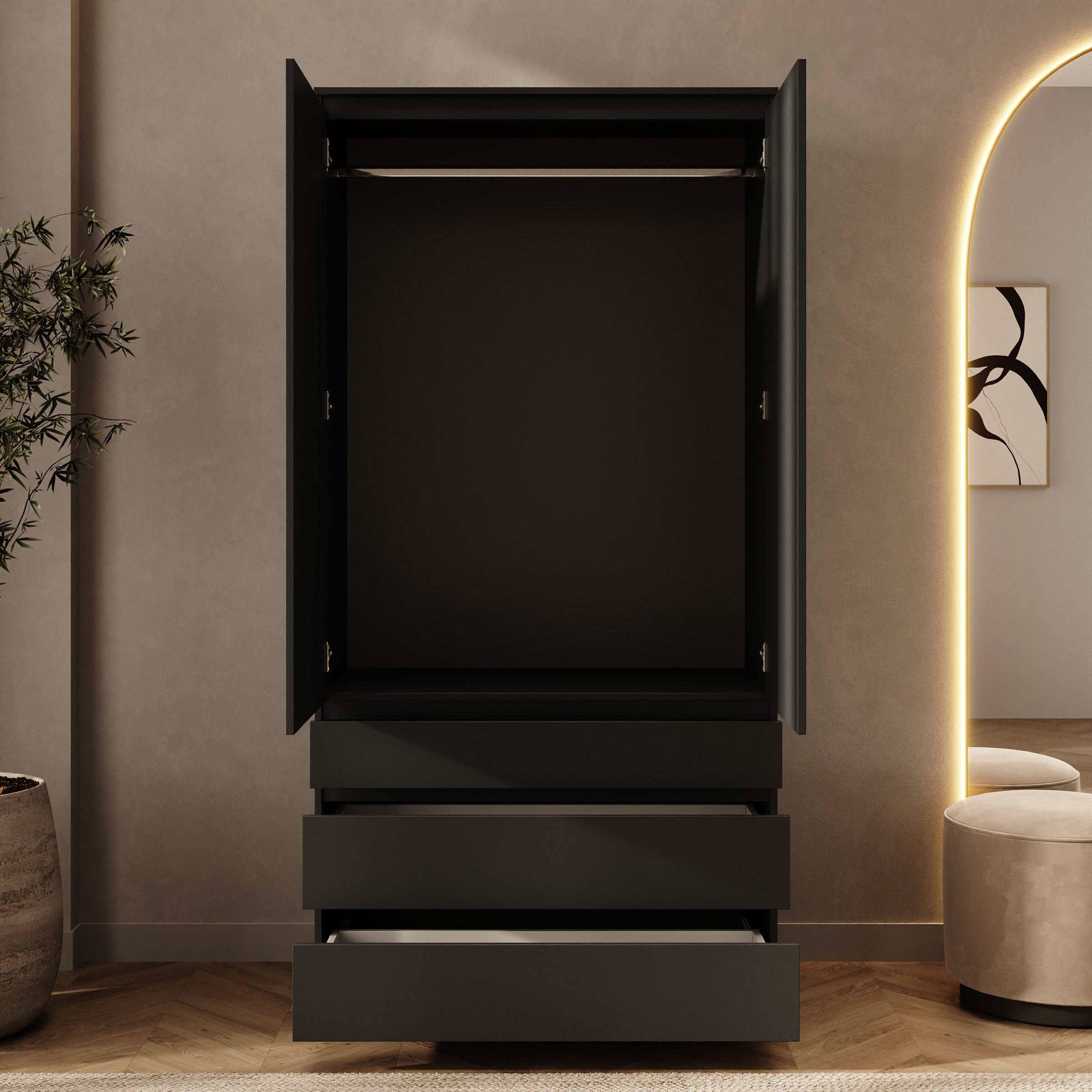 Rodger - Kledingkast 2-deurs - Zwart - 100x52x202 cm