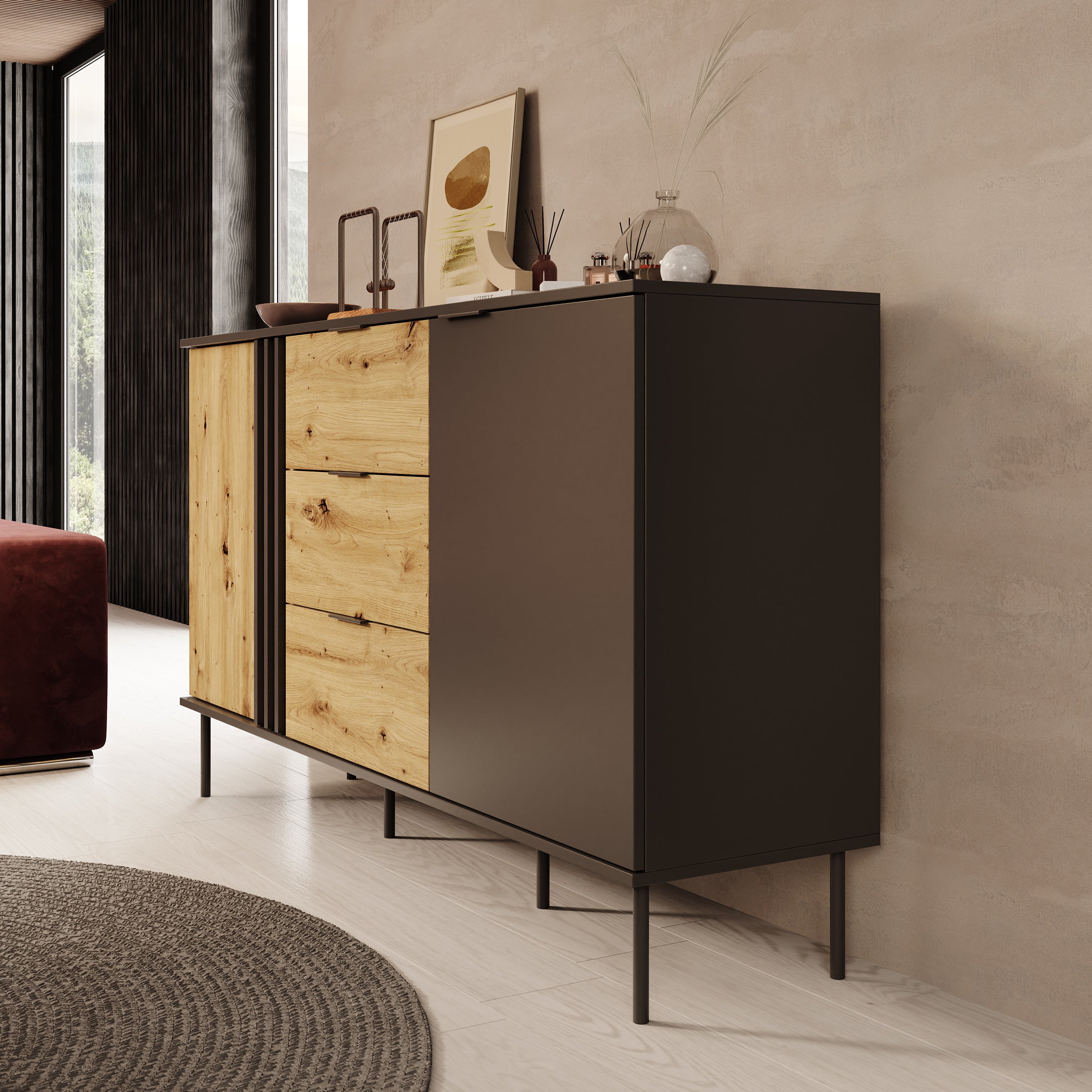 Rogan - Dressoir - Zwart - 165x40x92 cm