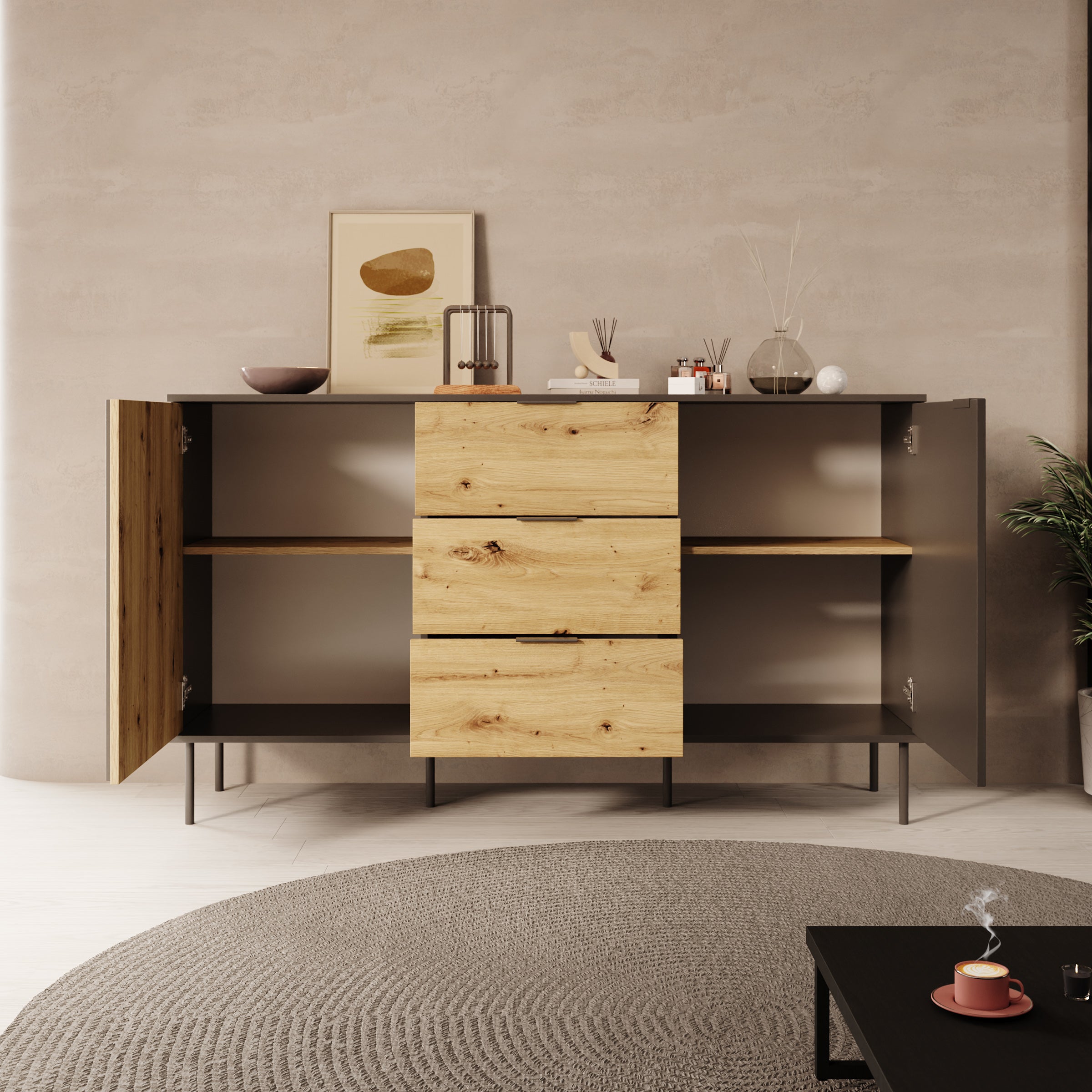 Rogan - Dressoir - Zwart - 165x40x92 cm