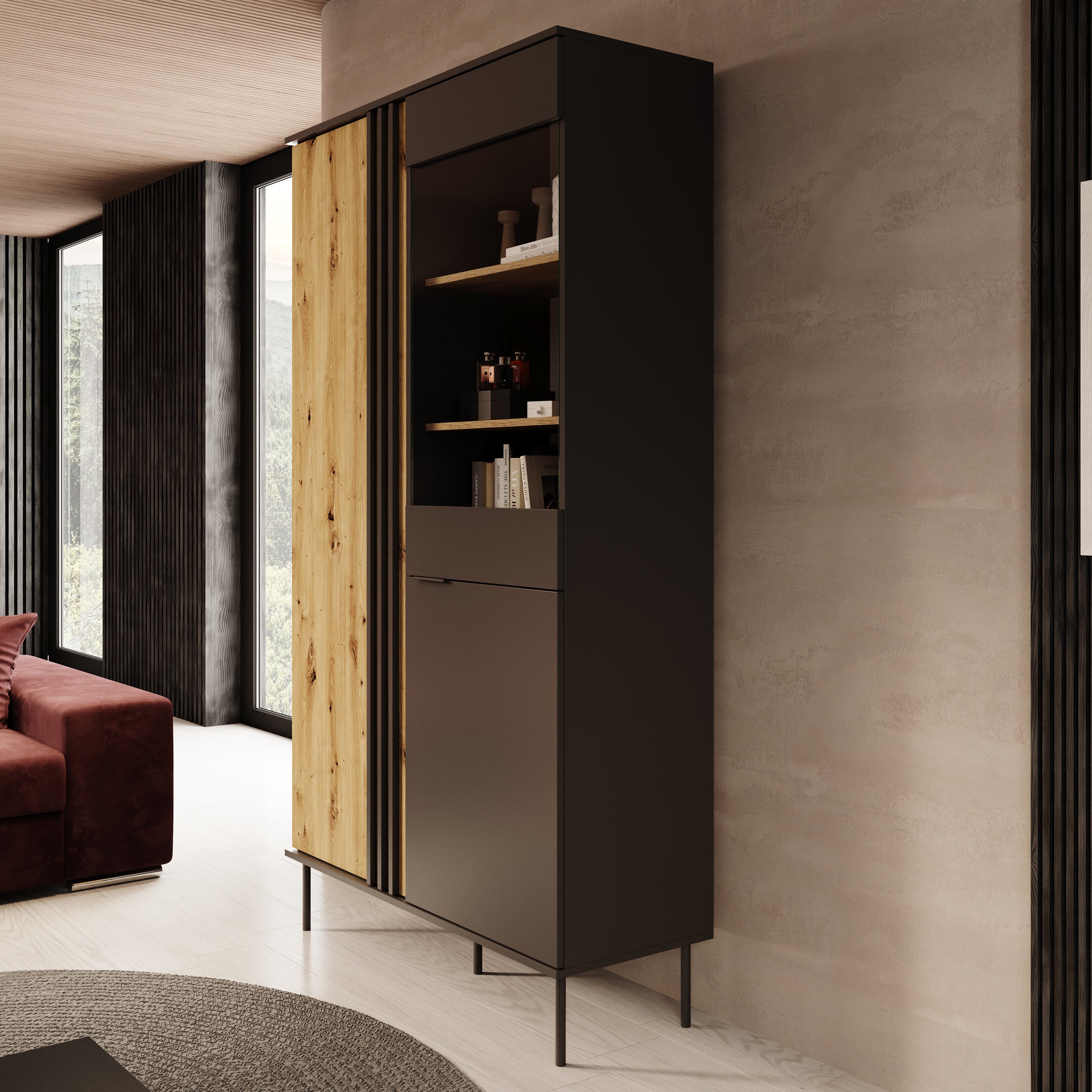 Rogan - Vitrinekast - Zwart - 111x40x195 cm