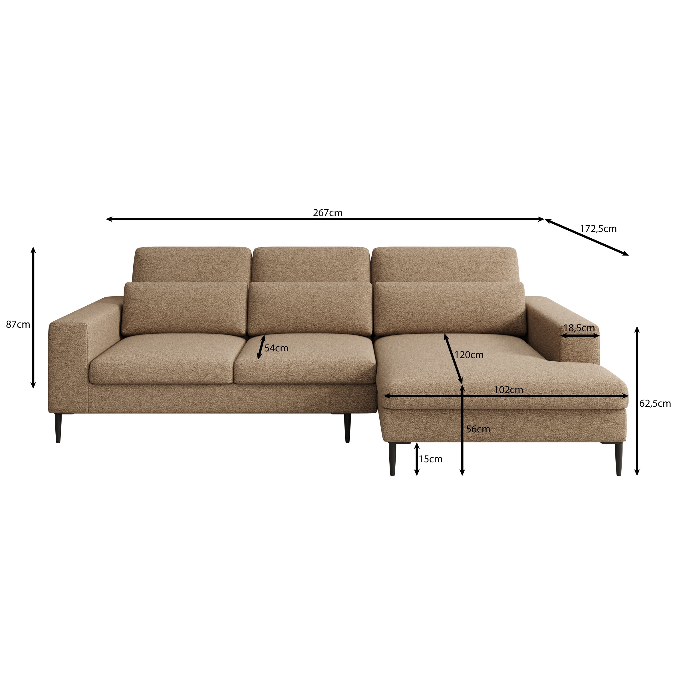 Rosano - Hoekbank 3-zits met chaise longue - Stof beige - Rechts