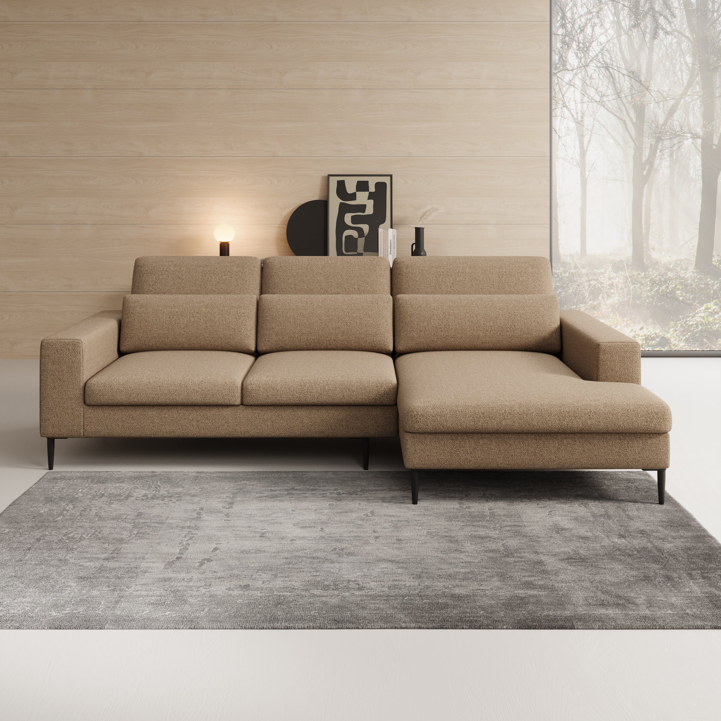Rosano - Hoekbank 3-zits met chaise longue - Stof beige - Rechts