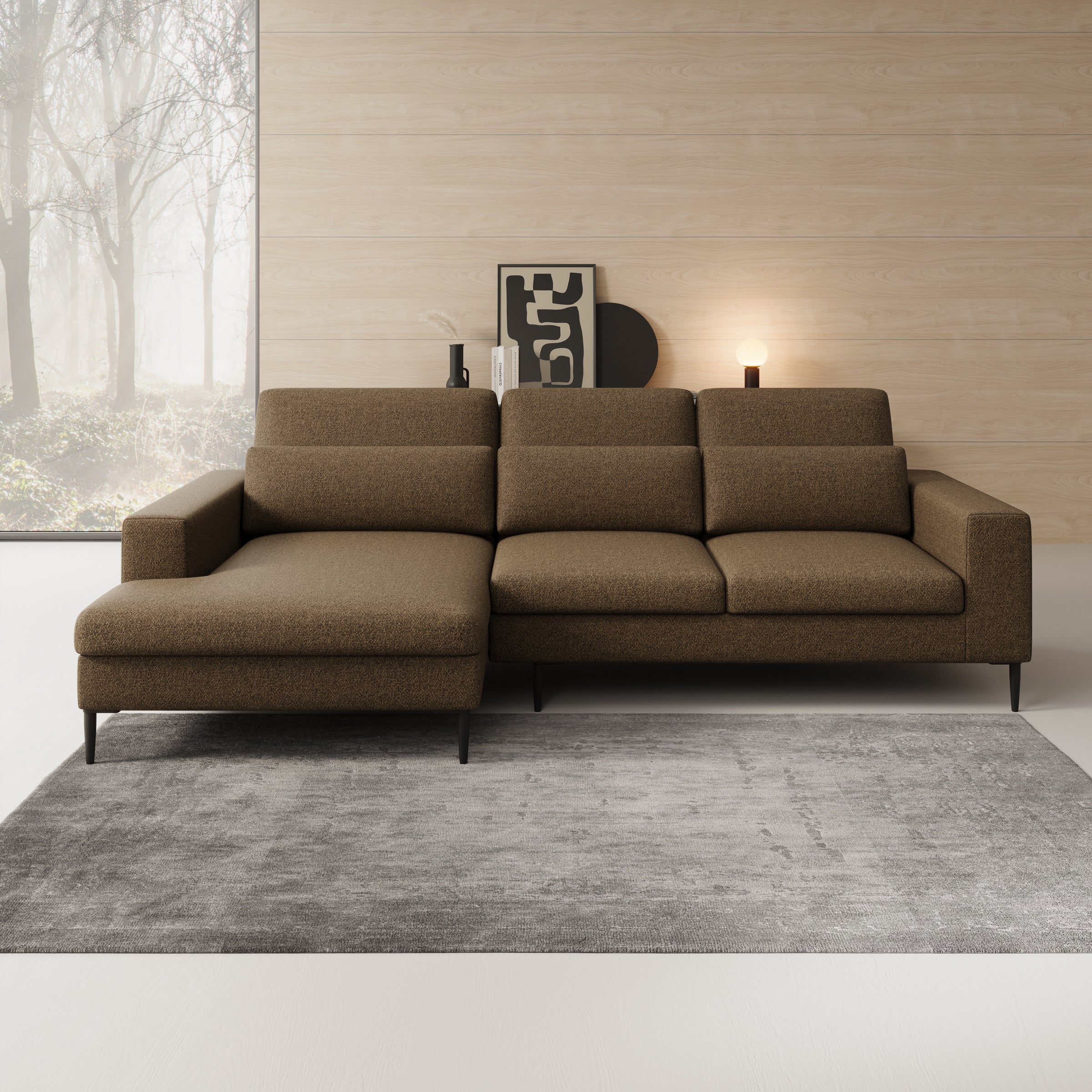 Rosano - Hoekbank 3-zits met chaise longue - Stof bruin - Links