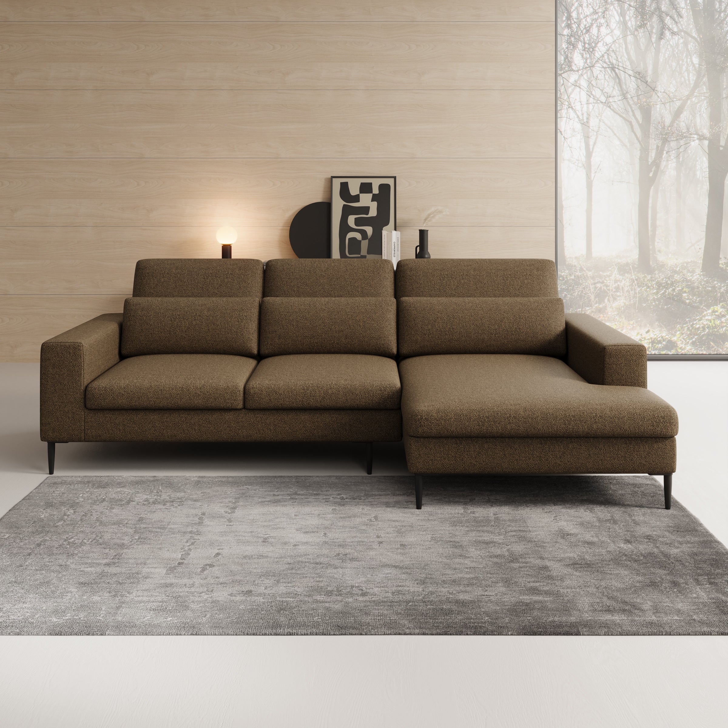 Rosano - Hoekbank 3-zits met chaise longue - Stof bruin - Rechts