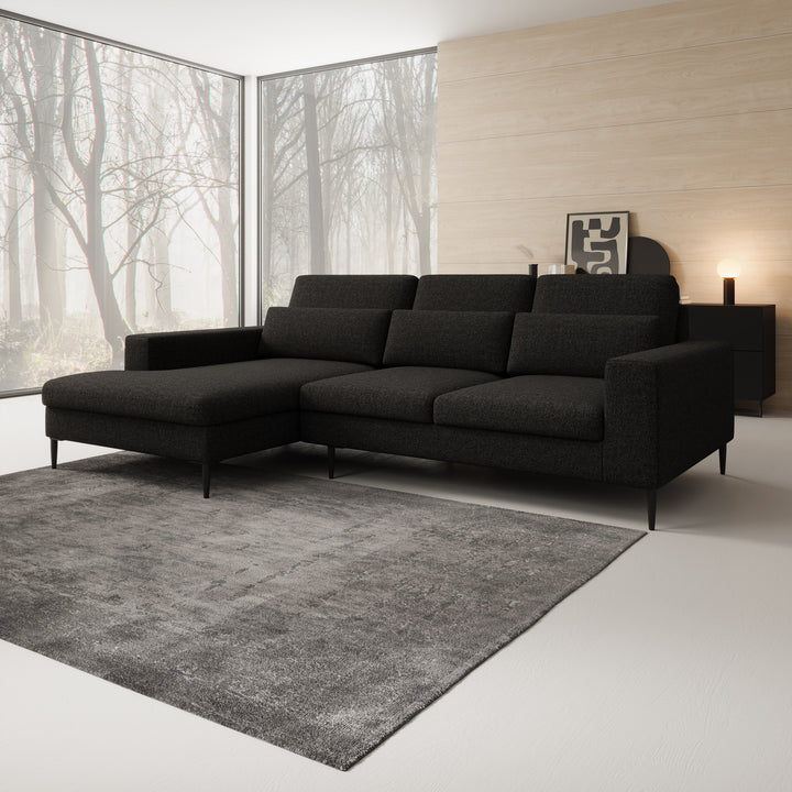 Rosano - Hoekbank 3-zits met chaise longue - Stof zwart - Links