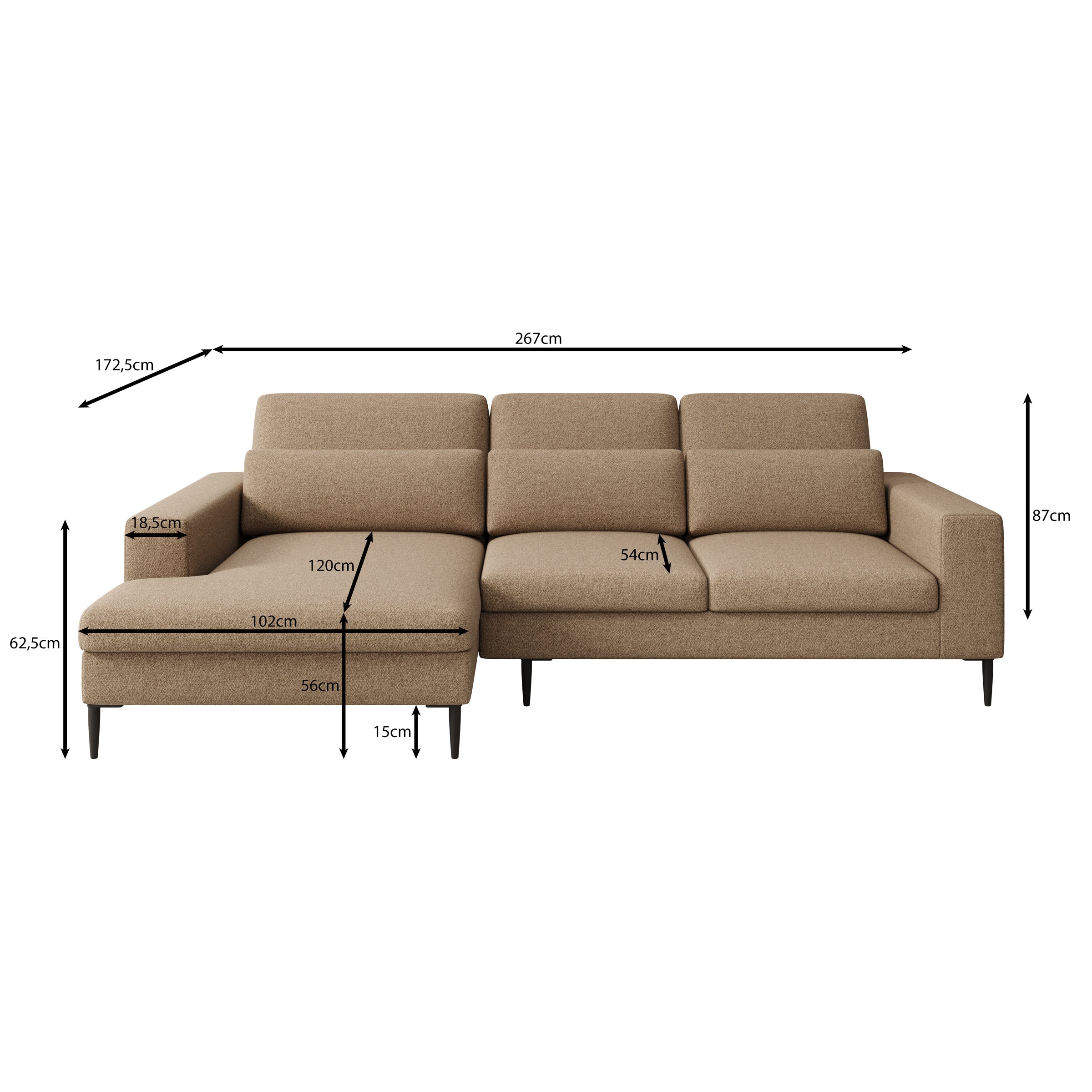 Rosano - Hoekbank 3-zits met chaise longue - Stof zwart - Links