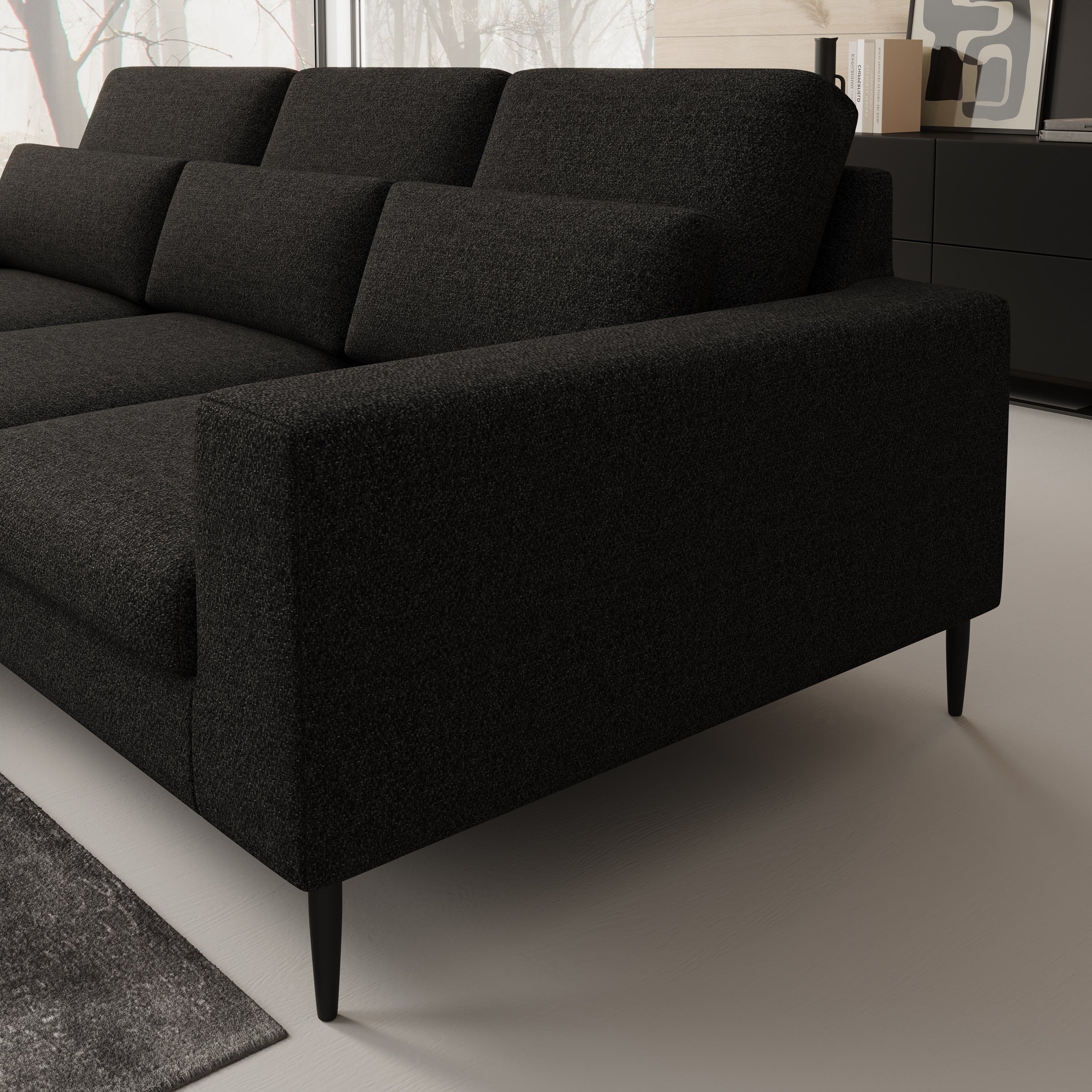 Rosano - Hoekbank 3-zits met chaise longue - Stof zwart - Links