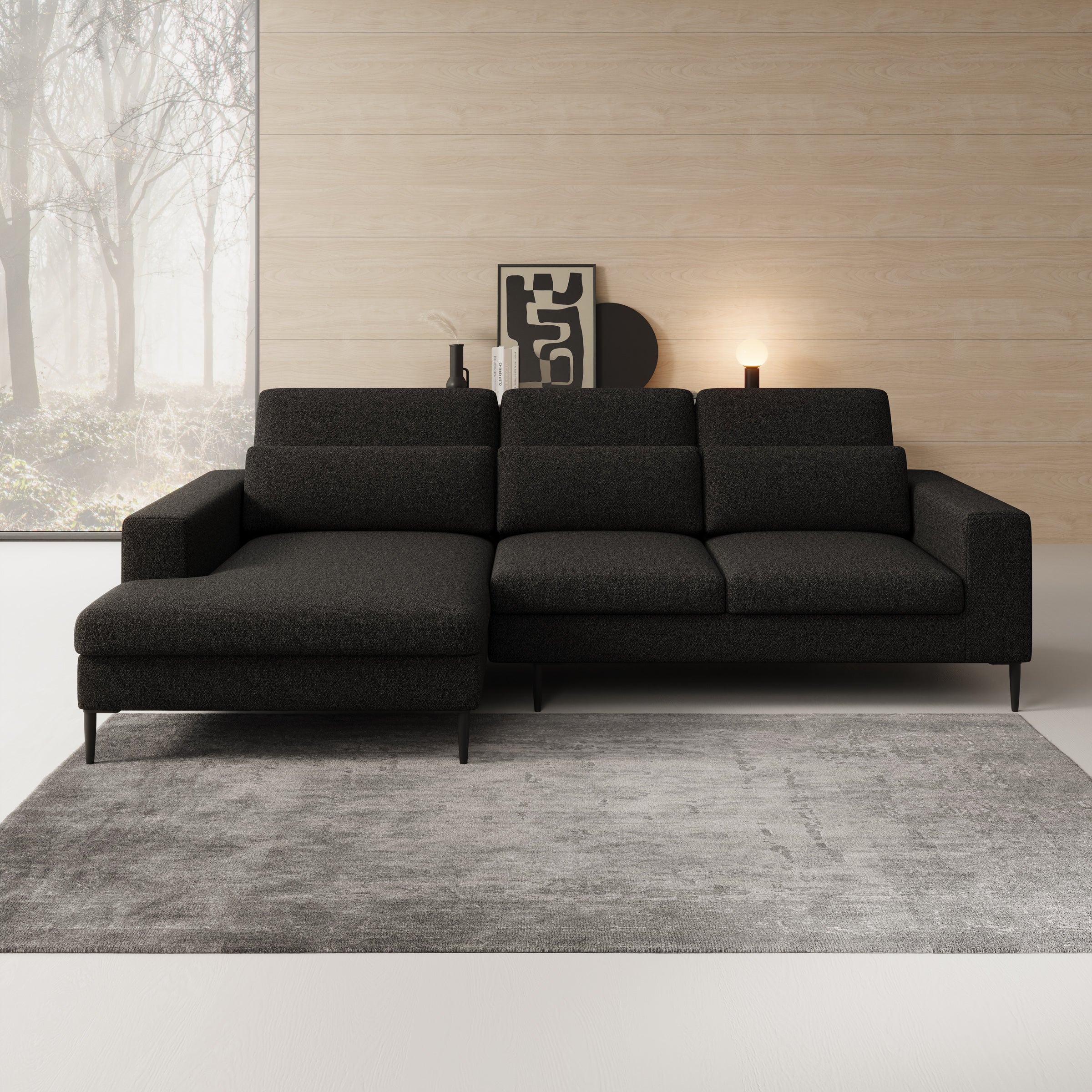 Rosano - Hoekbank 3-zits met chaise longue - Stof zwart - Links