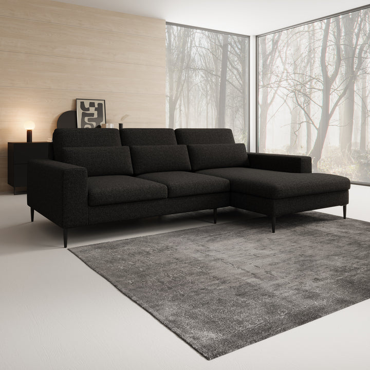 Rosano - Hoekbank 3-zits met chaise longue - Stof zwart - Rechts
