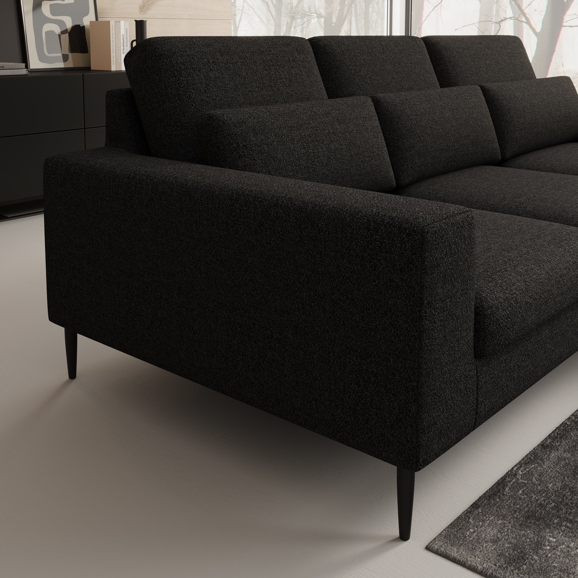 Rosano - Hoekbank 3-zits met chaise longue - Stof zwart - Rechts