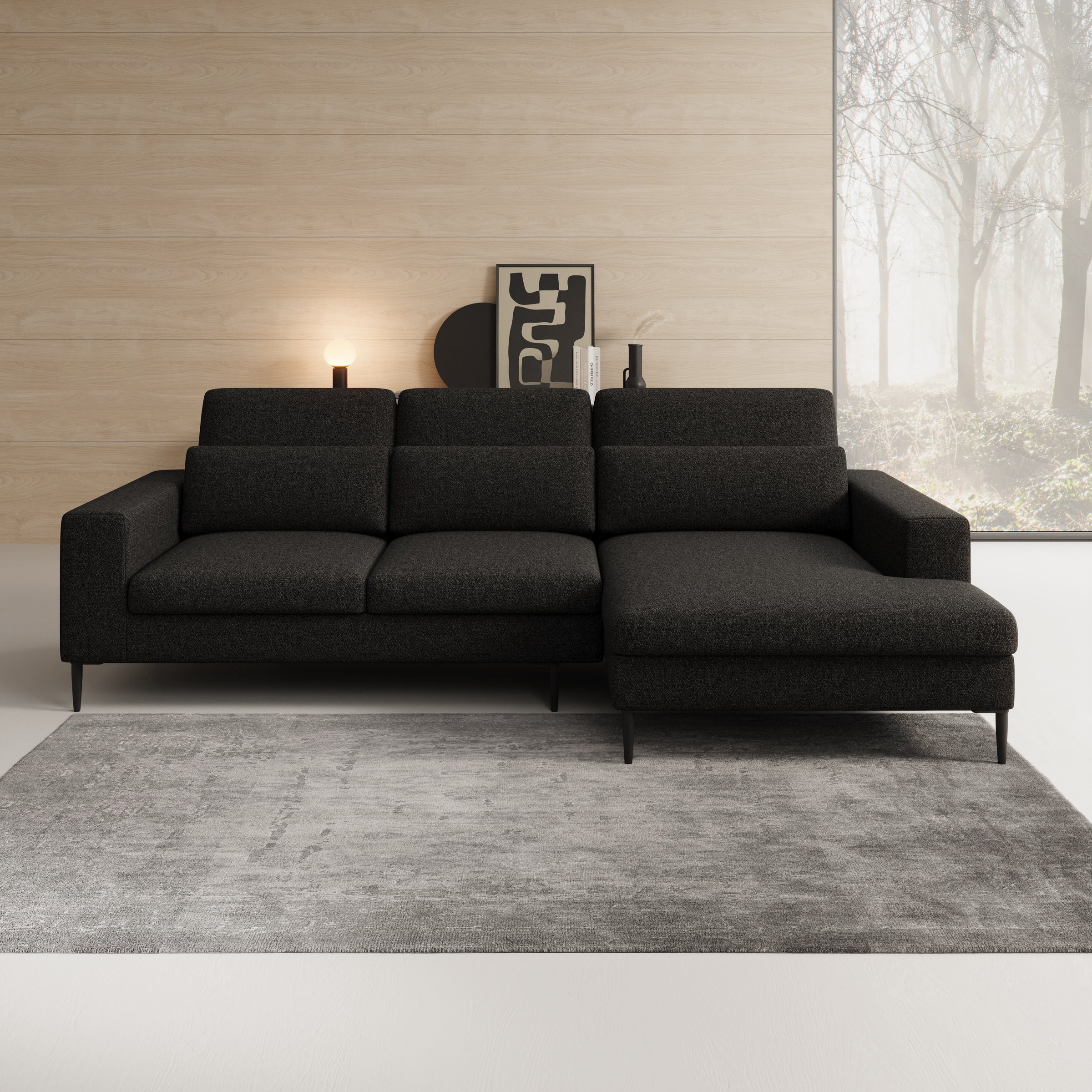 Rosano - Hoekbank 3-zits met chaise longue - Stof zwart - Rechts