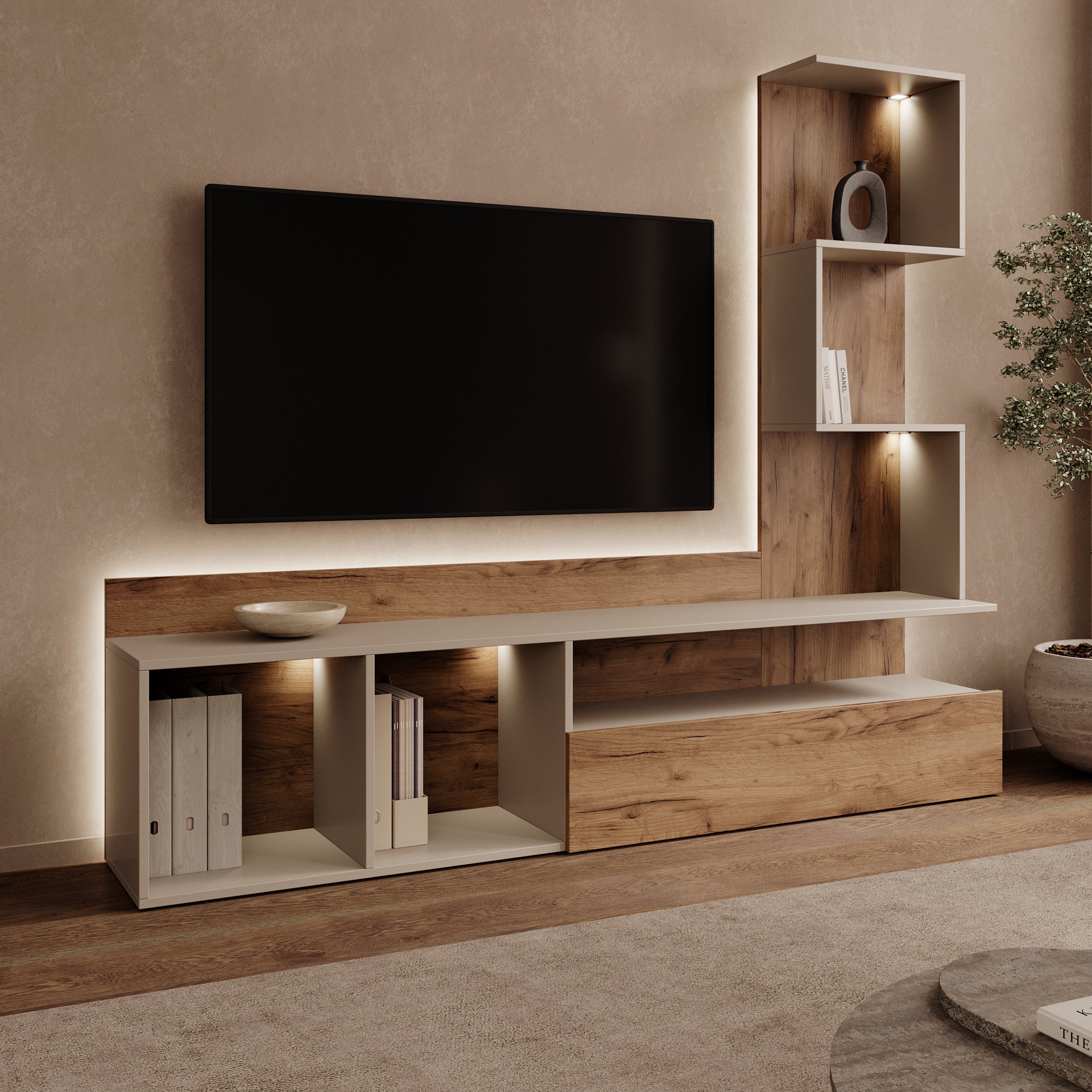 Rovik - TV-Meubel met LED - Beige/Eikenpatroon - 180x33x156 cm