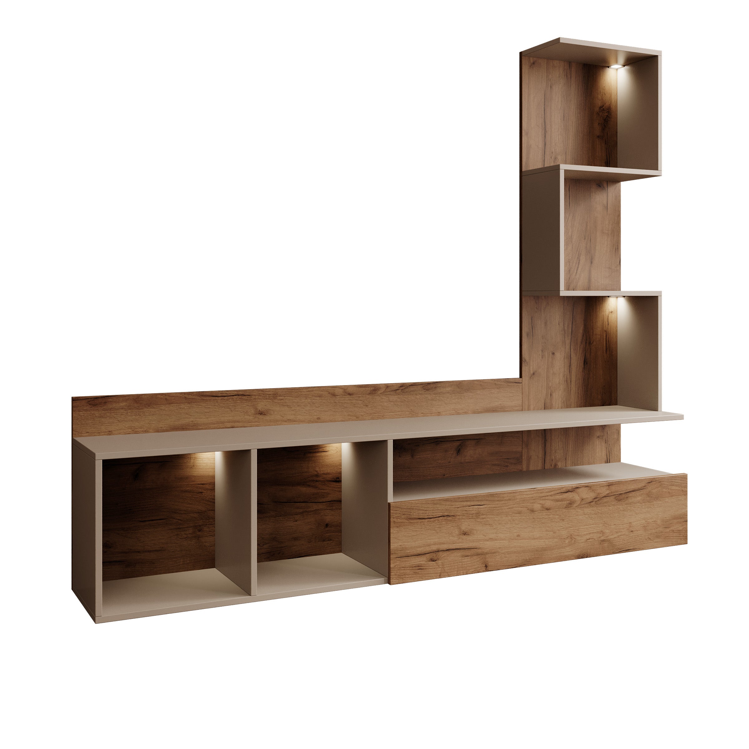 Rovik - TV-Meubel met LED - Beige/Eikenpatroon - 180x33x156 cm