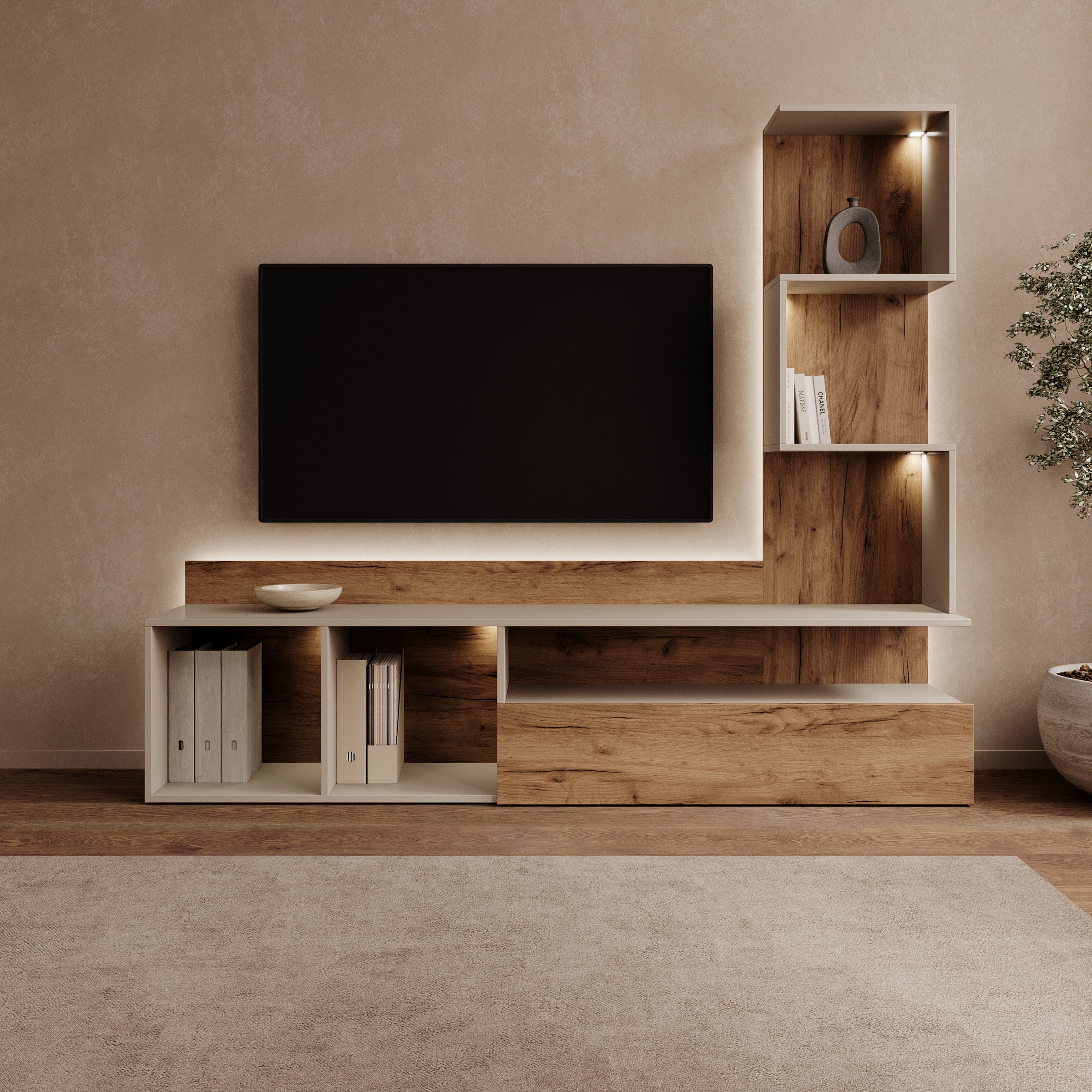 Rovik - TV-Meubel met LED - Beige/Eikenpatroon - 180x33x156 cm