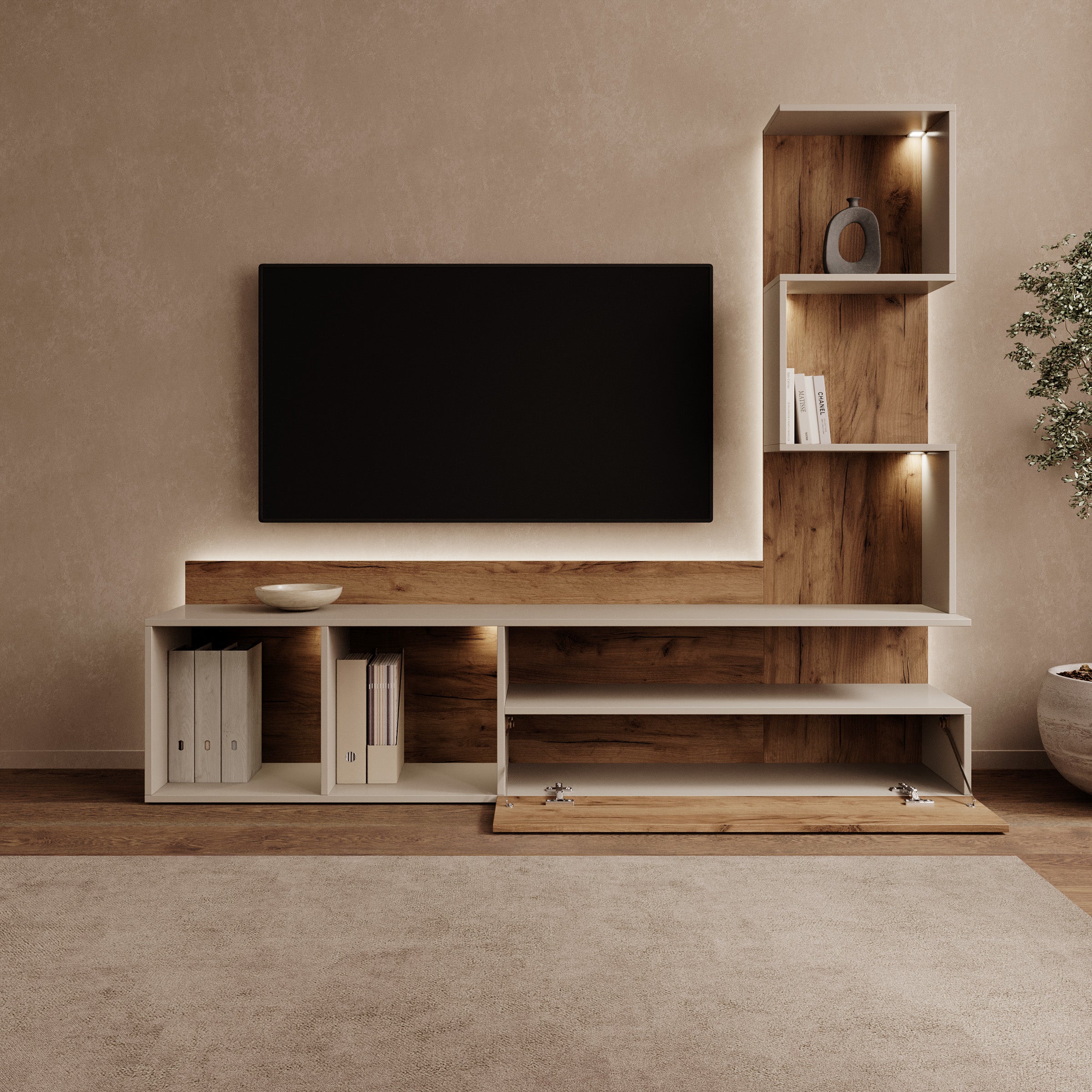 Rovik - TV-Meubel met LED - Beige/Eikenpatroon - 180x33x156 cm
