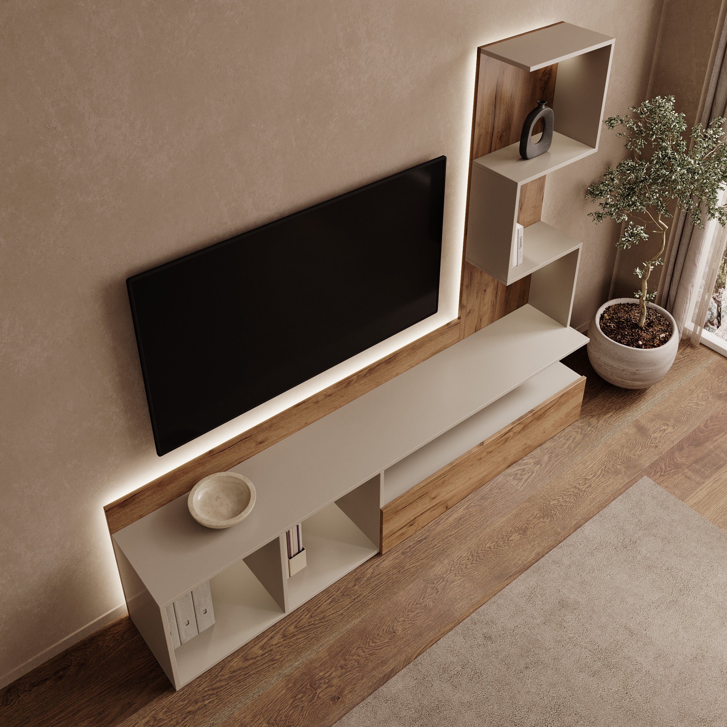 Rovik - TV-Meubel met LED - Beige/Eikenpatroon - 180x33x156 cm
