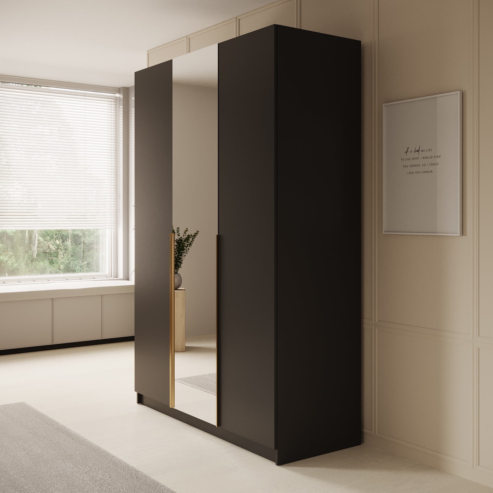 Sabre 2 - Kledingkast met spiegel - Zwart - 150x58x215 cm
