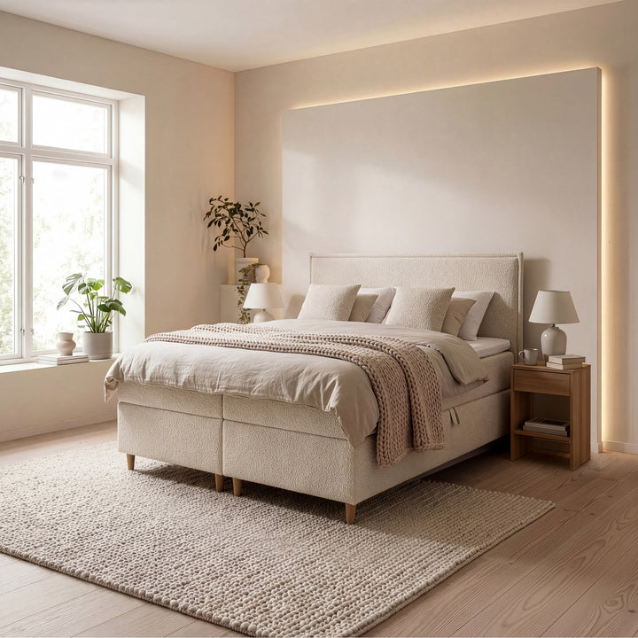 Saku - Boxspring met opbergruimte -  Stof beige - 140x200 cm