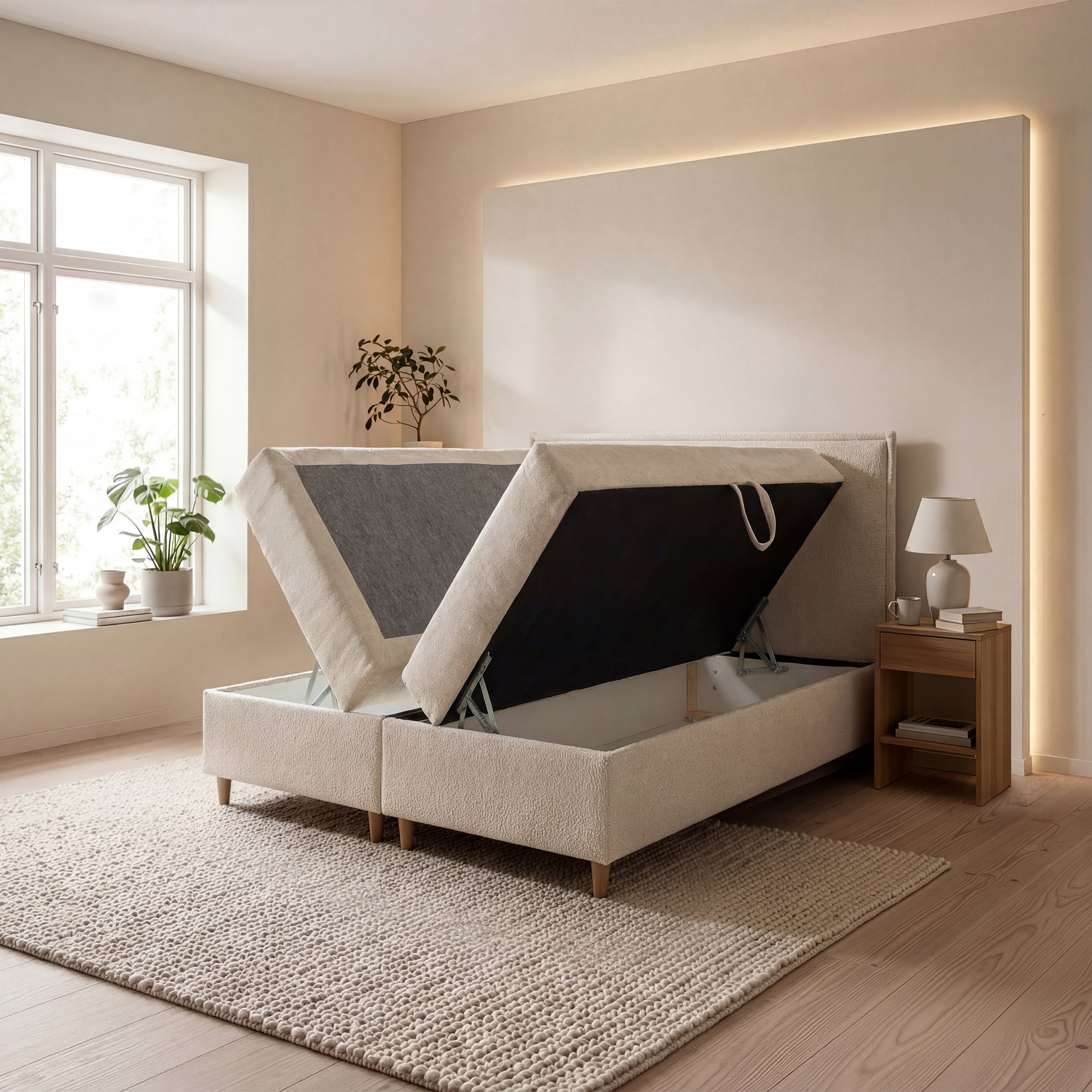 Saku - Boxspring met opbergruimte -  Stof beige - 140x200 cm