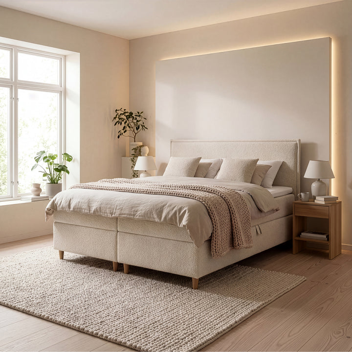Saku - Boxspring met opbergruimte -  Stof beige - 160x200 cm