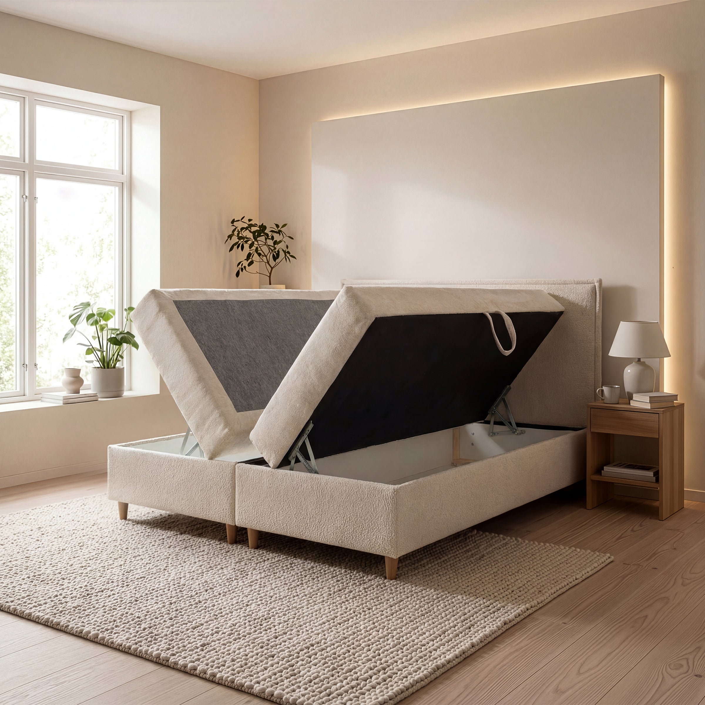 Saku - Boxspring met opbergruimte -  Stof beige - 160x200 cm